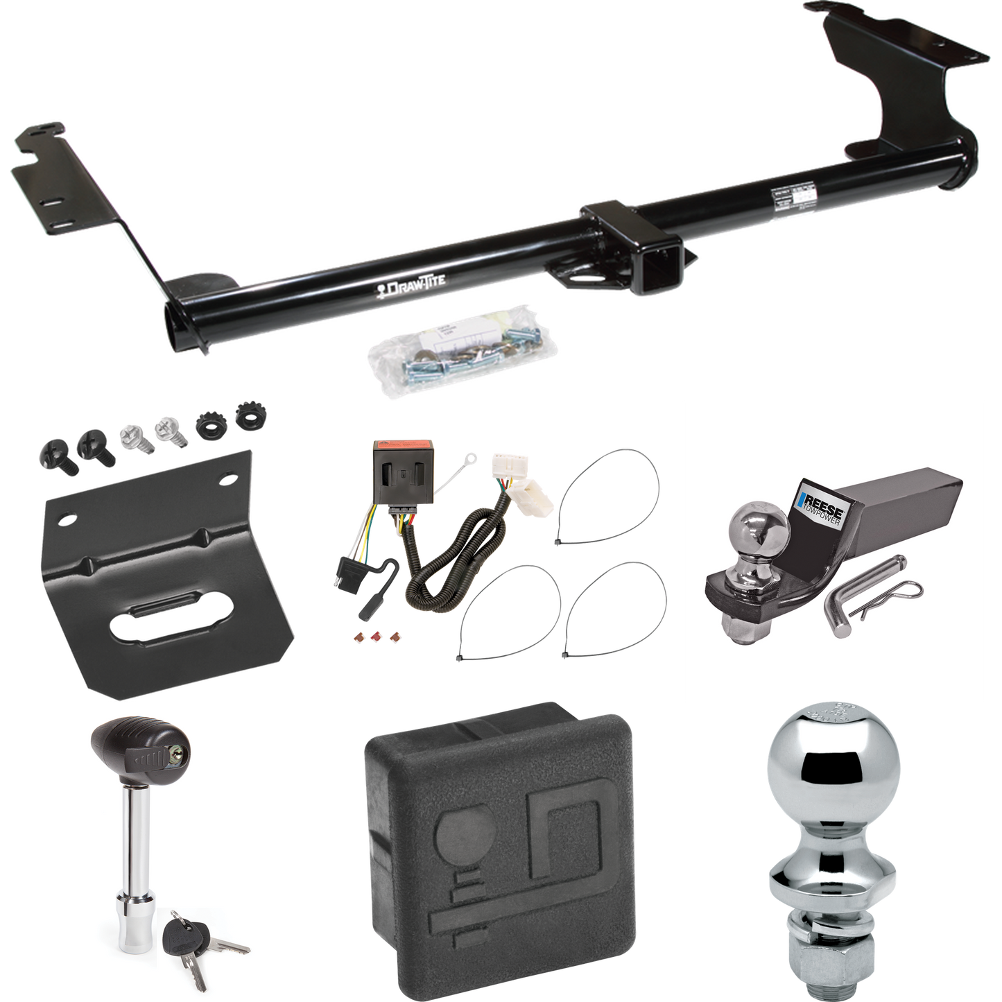 Fits 2011-2017 Honda Odyssey Trailer Hitch Tow PKG w/ 4-Flat Wiring + Starter Kit Ball Mount w/ 2" Drop & 2" Ball + 1-7/8" Ball + Wiring Bracket + Hitch Lock + Hitch Cover By Draw-Tite