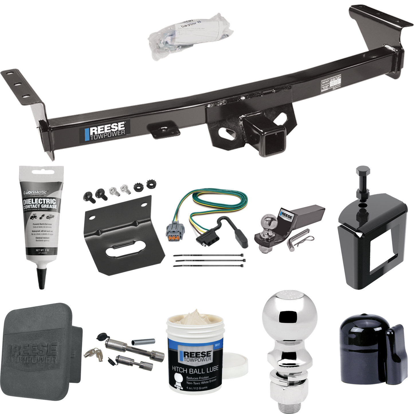 Fits 2005-2023 Nissan Frontier Trailer Hitch Tow PKG w/ 4-Flat Wiring + Starter Kit Ball Mount w/ 2" Drop & 2" Ball + 2-5/16" Ball + Wiring Bracket + Dual Hitch & Coupler Locks + Hitch Cover + Wiring Tester + Ball Lube +Electric Grease + Ball Wrench