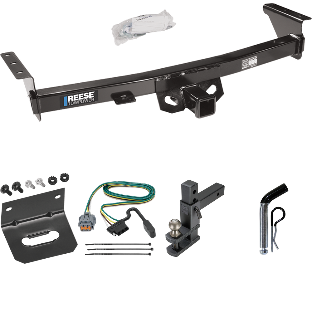 Fits 2005-2023 Nissan Frontier Trailer Hitch Tow PKG w/ 4-Flat Wiring Harness + Adjustable Drop Rise Clevis Hitch Ball Mount w/ 2" Ball + Pin/Clip + Wiring Bracket (For w/Factory Tow Package Models) By Reese Towpower