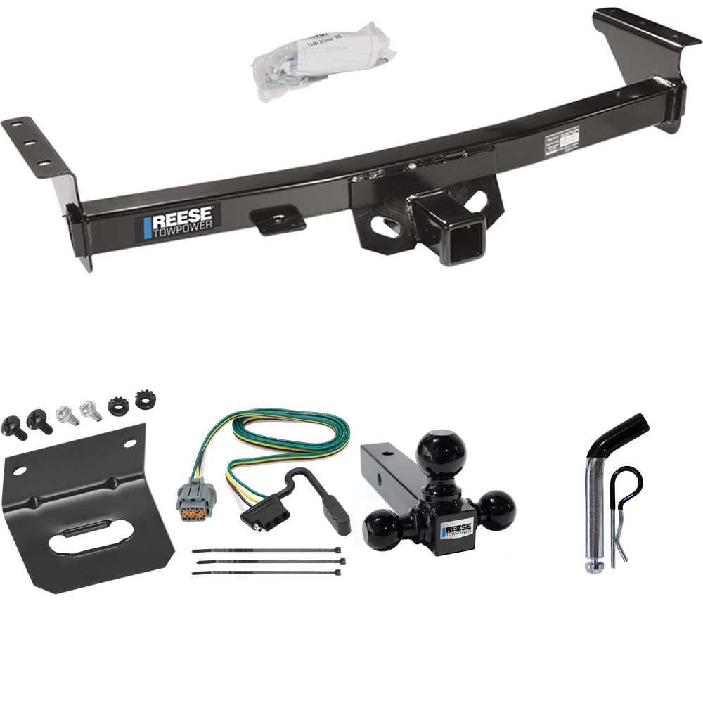 Fits 2009-2012 Suzuki Equator Trailer Hitch Tow PKG w/ 4-Flat Wiring Harness + Triple Ball Ball Mount 1-7/8" & 2" & 2-5/16" Trailer Balls + Pin/Clip + Wiring Bracket (For w/Factory Tow Package Models) By Reese Towpower