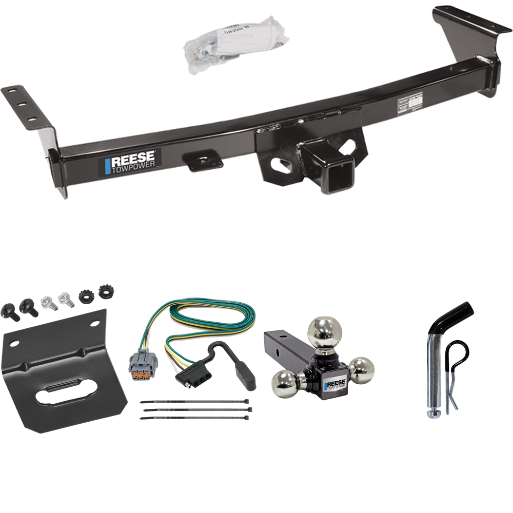 Fits 2009-2012 Suzuki Equator Trailer Hitch Tow PKG w/ 4-Flat Wiring Harness + Triple Ball Ball Mount 1-7/8" & 2" & 2-5/16" Trailer Balls + Pin/Clip + Wiring Bracket (For w/Factory Tow Package Models) By Reese Towpower