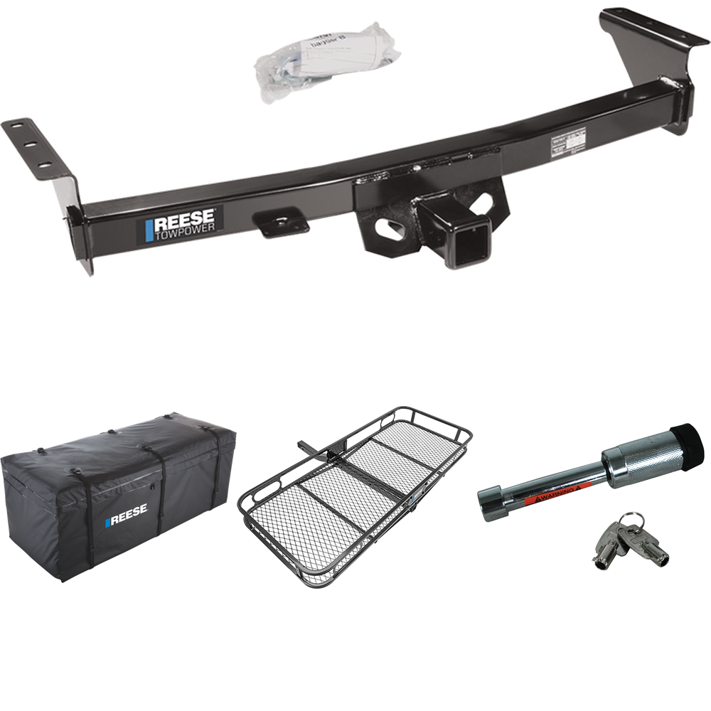 Fits 2009-2012 Suzuki Equator Trailer Hitch Tow PKG w/ 60" x 24" Cargo Carrier + Cargo Bag + Hitch Lock (For w/Factory Tow Package Models) By Reese Towpower