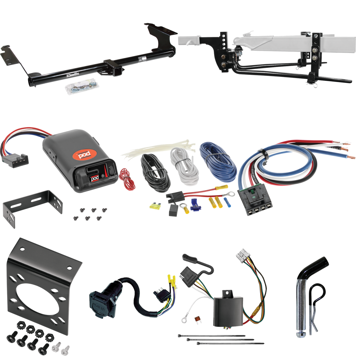 Fits 2005-2010 Honda Odyssey Trailer Hitch Tow PKG w/ 6K Round Bar Weight Distribution Hitch w/ 2-5/16" Ball + Pin/Clip + Pro Series POD Brake Control + Generic BC Wiring Adapter + 7-Way RV Wiring By Draw-Tite