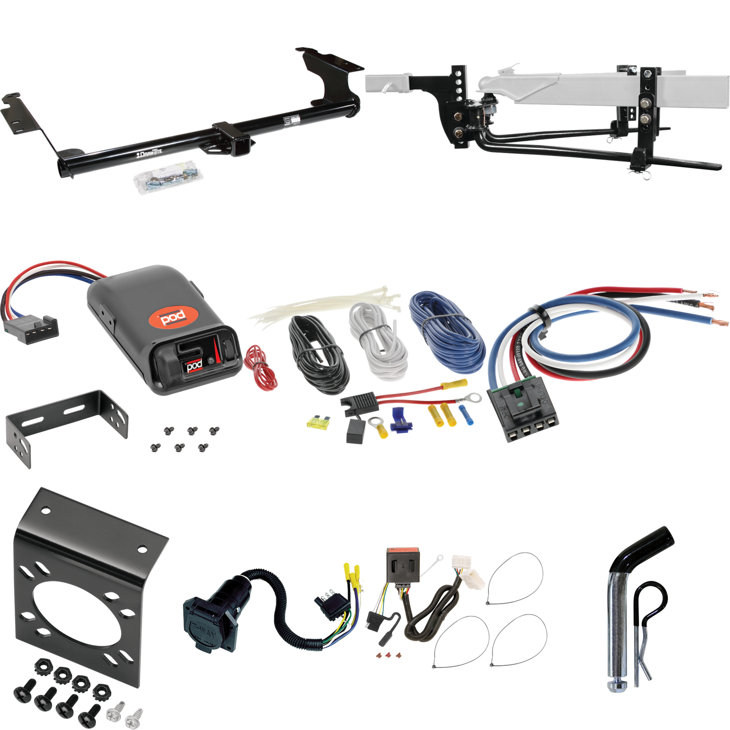 Fits 2011-2017 Honda Odyssey Trailer Hitch Tow PKG w/ 6K Round Bar Weight Distribution Hitch w/ 2-5/16" Ball + Pin/Clip + Pro Series POD Brake Control + Generic BC Wiring Adapter + 7-Way RV Wiring By Draw-Tite