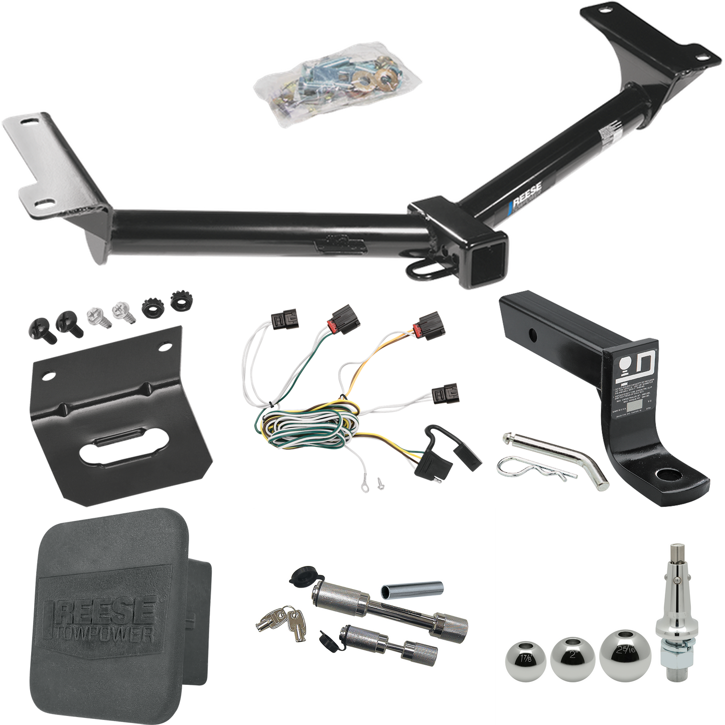 Fits 2010-2010 Dodge Journey Trailer Hitch Tow PKG w/ 4-Flat Wiring + Ball Mount w/ 4" Drop + Interchangeable Ball 1-7/8" & 2" & 2-5/16" + Wiring Bracket + Dual Hitch & Coupler Locks + Hitch Cover By Reese Towpower