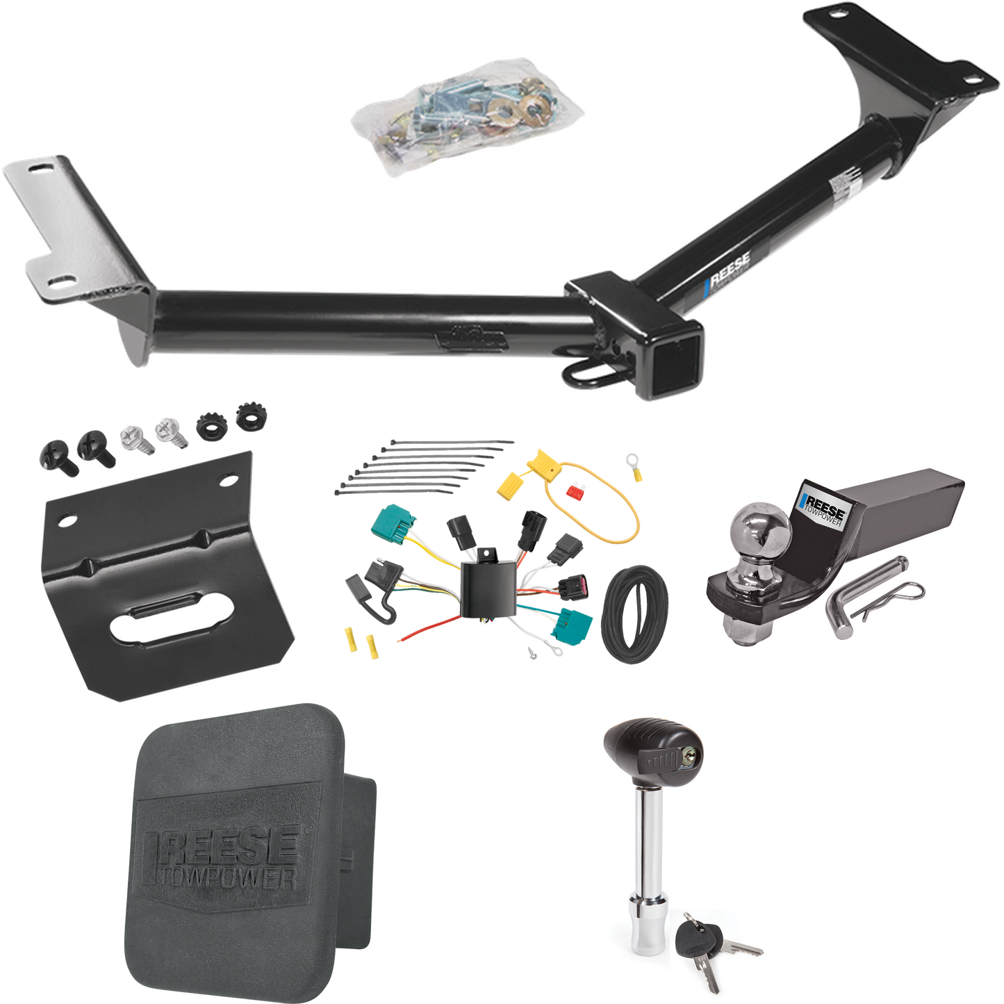 Fits 2009-2009 Dodge Journey Trailer Hitch Tow PKG w/ 4-Flat Wiring + Starter Kit Ball Mount w/ 2" Drop & 2" Ball + 1-7/8" Ball + Wiring Bracket + Hitch Lock + Hitch Cover By Reese Towpower