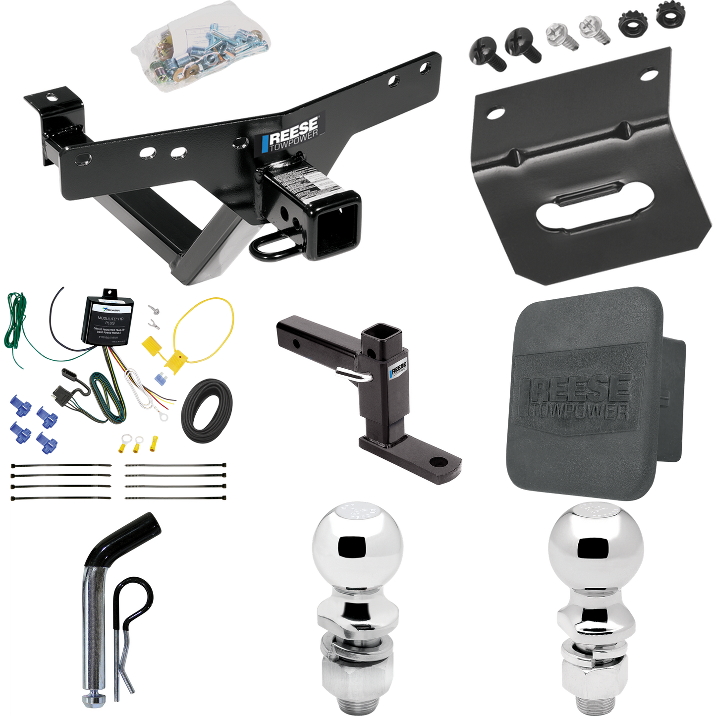 Fits 2000-2006 BMW X5 Trailer Hitch Tow PKG w/ 4-Flat Wiring + Adjustable Drop Rise Ball Mount + Pin/Clip + 2" Ball + 2-5/16" Ball + Wiring Bracket + Hitch Cover By Reese Towpower