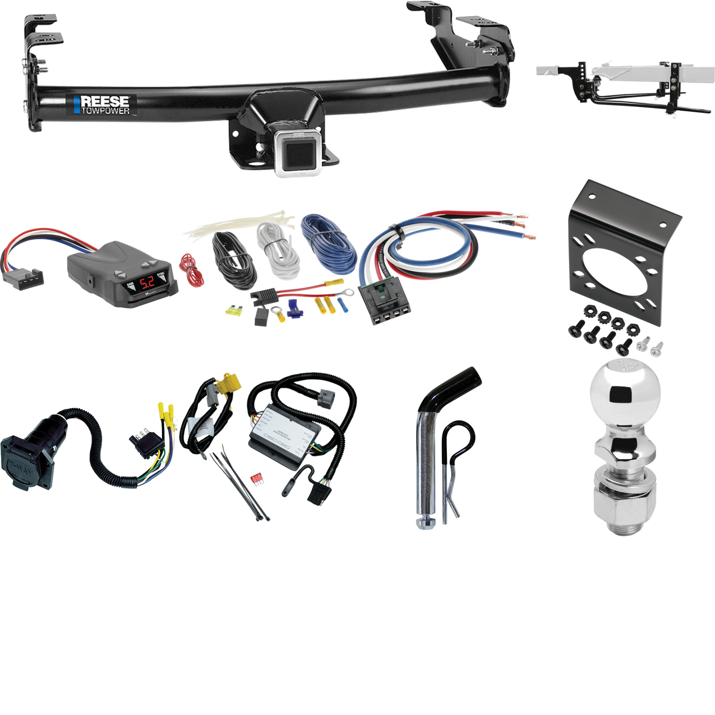 Fits 2000-2000 Toyota Tundra Trailer Hitch Tow PKG w/ 8K Round Bar Weight Distribution Hitch w/ 2-5/16" Ball + 2" Ball + Pin/Clip + Tekonsha Brakeman IV Brake Control + Generic BC Wiring Adapter + 7-Way RV Wiring By Reese Towpower