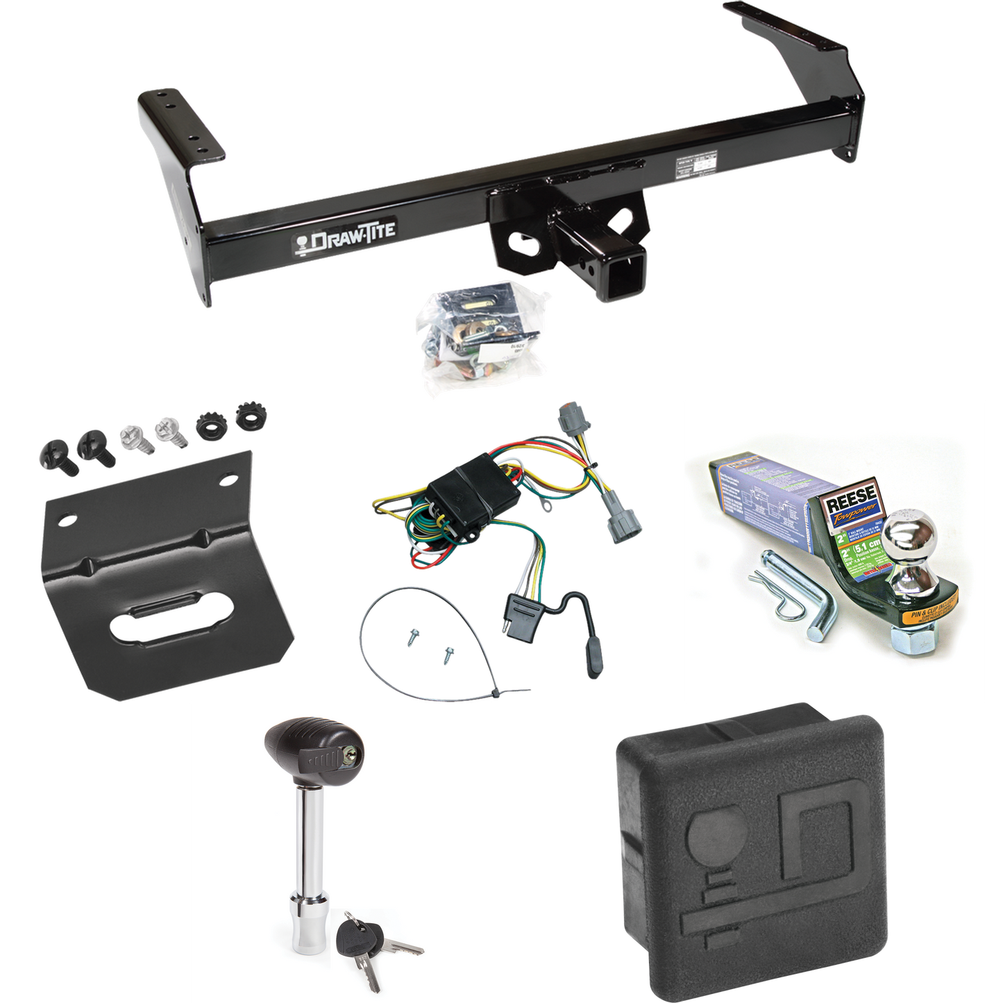 Fits 1998-2004 Nissan Frontier Trailer Hitch Tow PKG w/ 4-Flat Wiring + Starter Kit Ball Mount w/ 2" Drop & 1-7/8" Ball + Wiring Bracket + Hitch Lock + Hitch Cover By Draw-Tite