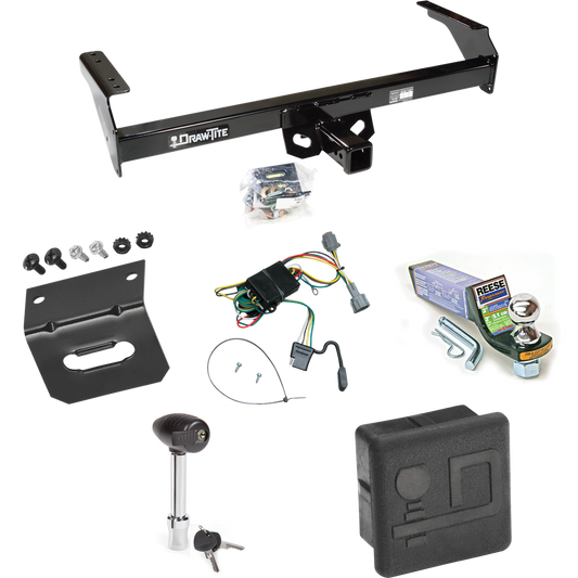 Fits 1998-2004 Nissan Frontier Trailer Hitch Tow PKG w/ 4-Flat Wiring + Starter Kit Ball Mount w/ 2" Drop & 1-7/8" Ball + Wiring Bracket + Hitch Lock + Hitch Cover By Draw-Tite