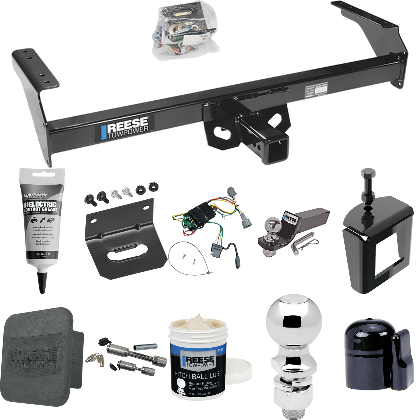 Fits 1998-2004 Nissan Frontier Trailer Hitch Tow PKG w/ 4-Flat Wiring + Starter Kit Ball Mount w/ 2" Drop & 2" Ball + 2-5/16" Ball + Wiring Bracket + Dual Hitch & Coupler Locks + Hitch Cover + Wiring Tester + Ball Lube +Electric Grease + Ball Wrench