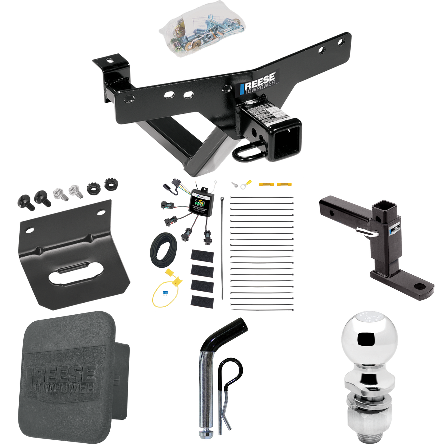 Fits 2000-2006 BMW X5 Trailer Hitch Tow PKG w/ 4-Flat Zero Contact "No Splice" Wiring + Adjustable Drop Rise Ball Mount + Pin/Clip + 2" Ball + Wiring Bracket + Hitch Cover By Reese Towpower