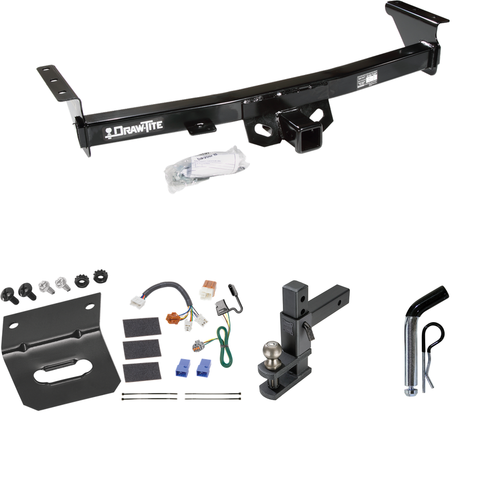 Fits 2009-2012 Suzuki Equator Trailer Hitch Tow PKG w/ 4-Flat Wiring Harness + Adjustable Drop Rise Clevis Hitch Ball Mount w/ 2" Ball + Pin/Clip + Wiring Bracket By Draw-Tite