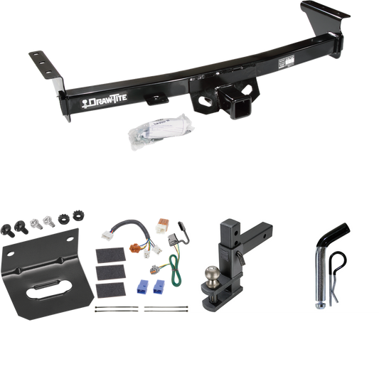 Fits 2009-2012 Suzuki Equator Trailer Hitch Tow PKG w/ 4-Flat Wiring Harness + Adjustable Drop Rise Clevis Hitch Ball Mount w/ 2" Ball + Pin/Clip + Wiring Bracket By Draw-Tite