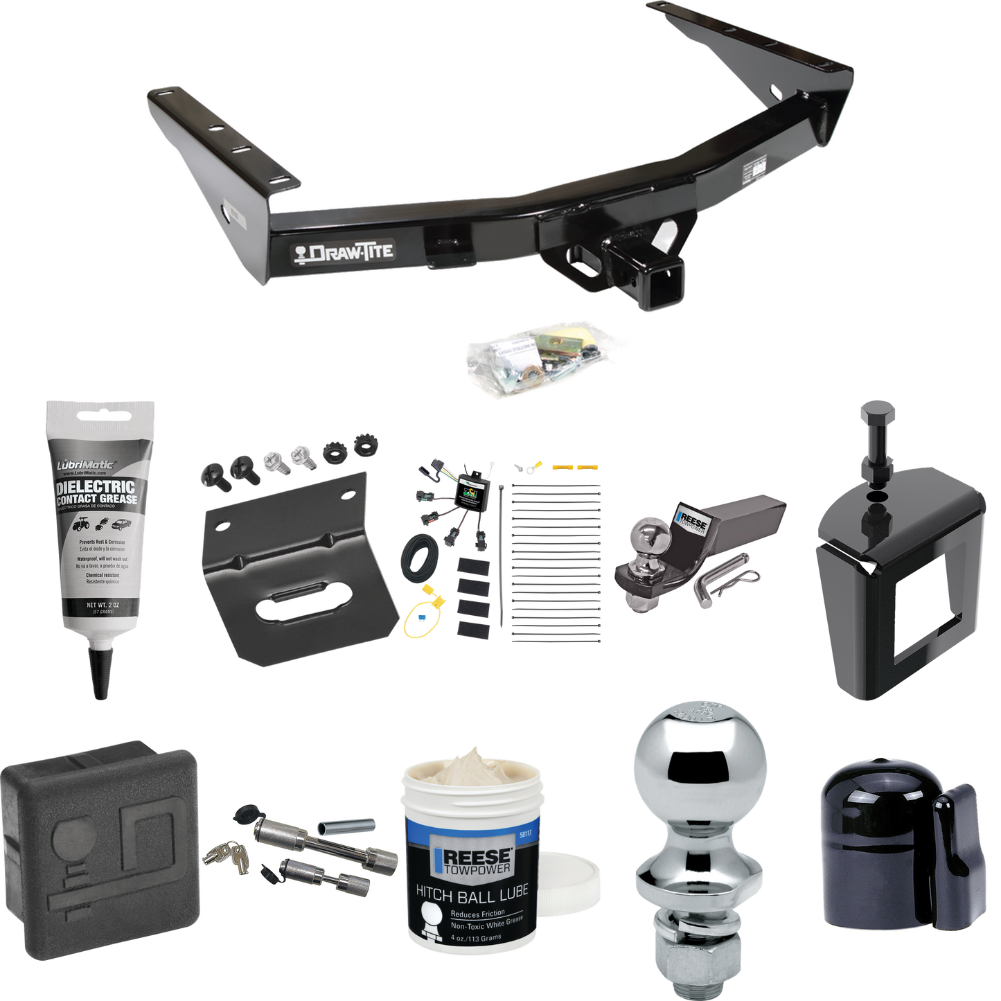 Fits 2003-2006 Toyota Tundra Trailer Hitch Tow PKG w/ 4-Flat Zero Contact "No Splice" Wiring + Starter Kit Ball Mount w/ 2" Drop & 2" Ball + 1-7/8" Ball + Wiring Bracket + Dual Hitch & Coupler Locks + Hitch Cover + Wiring Tester + Ball Lube +Electric