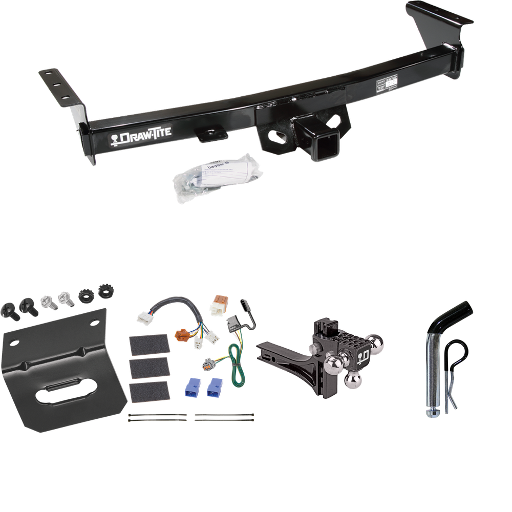 Fits 2009-2012 Suzuki Equator Trailer Hitch Tow PKG w/ 4-Flat Wiring Harness + Adjustable Drop Rise Triple Ball Ball Mount 1-7/8" & 2" & 2-5/16" Trailer Balls + Pin/Clip + Wiring Bracket By Draw-Tite