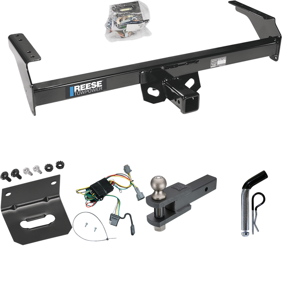 Fits 1998-2004 Nissan Frontier Trailer Hitch Tow PKG w/ 4-Flat Wiring Harness + Clevis Hitch Ball Mount w/ 2" Ball + Pin/Clip + Wiring Bracket By Reese Towpower