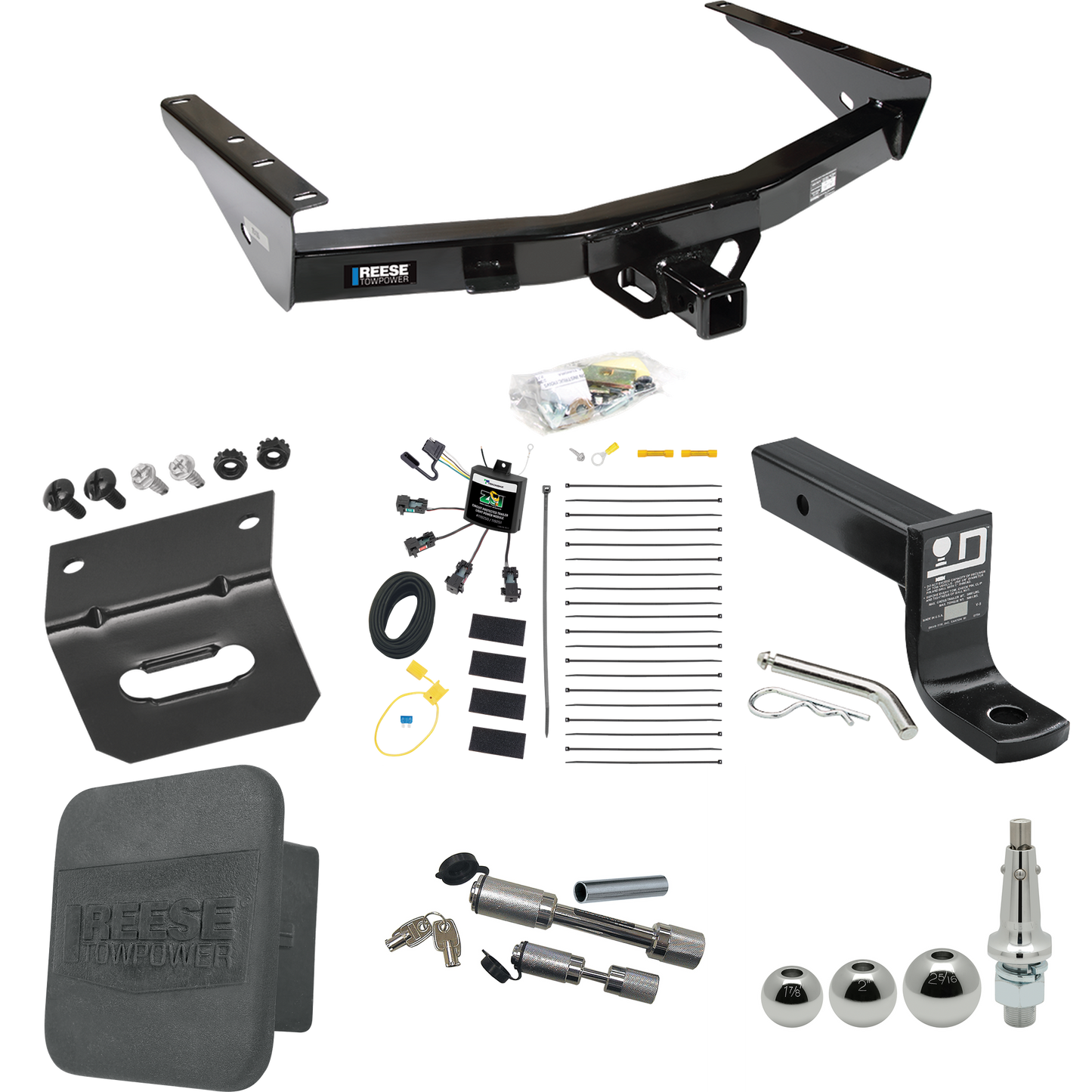 Fits 2003-2006 Toyota Tundra Trailer Hitch Tow PKG w/ 4-Flat Zero Contact "No Splice" Wiring + Ball Mount w/ 4" Drop + Interchangeable Ball 1-7/8" & 2" & 2-5/16" + Wiring Bracket + Dual Hitch & Coupler Locks + Hitch Cover By Reese Towpower