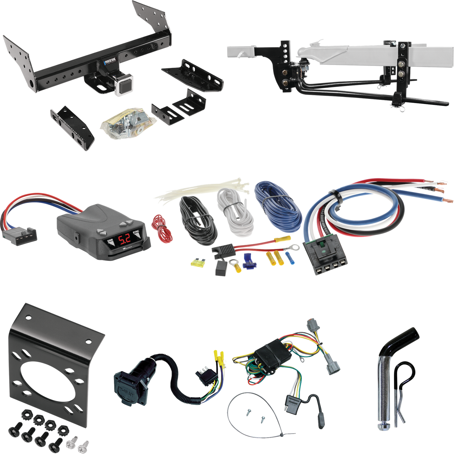 Fits 1998-2004 Nissan Frontier Trailer Hitch Tow PKG w/ 6K Round Bar Weight Distribution Hitch w/ 2-5/16" Ball + Pin/Clip + Tekonsha Brakeman IV Brake Control + Generic BC Wiring Adapter + 7-Way RV Wiring By Reese Towpower