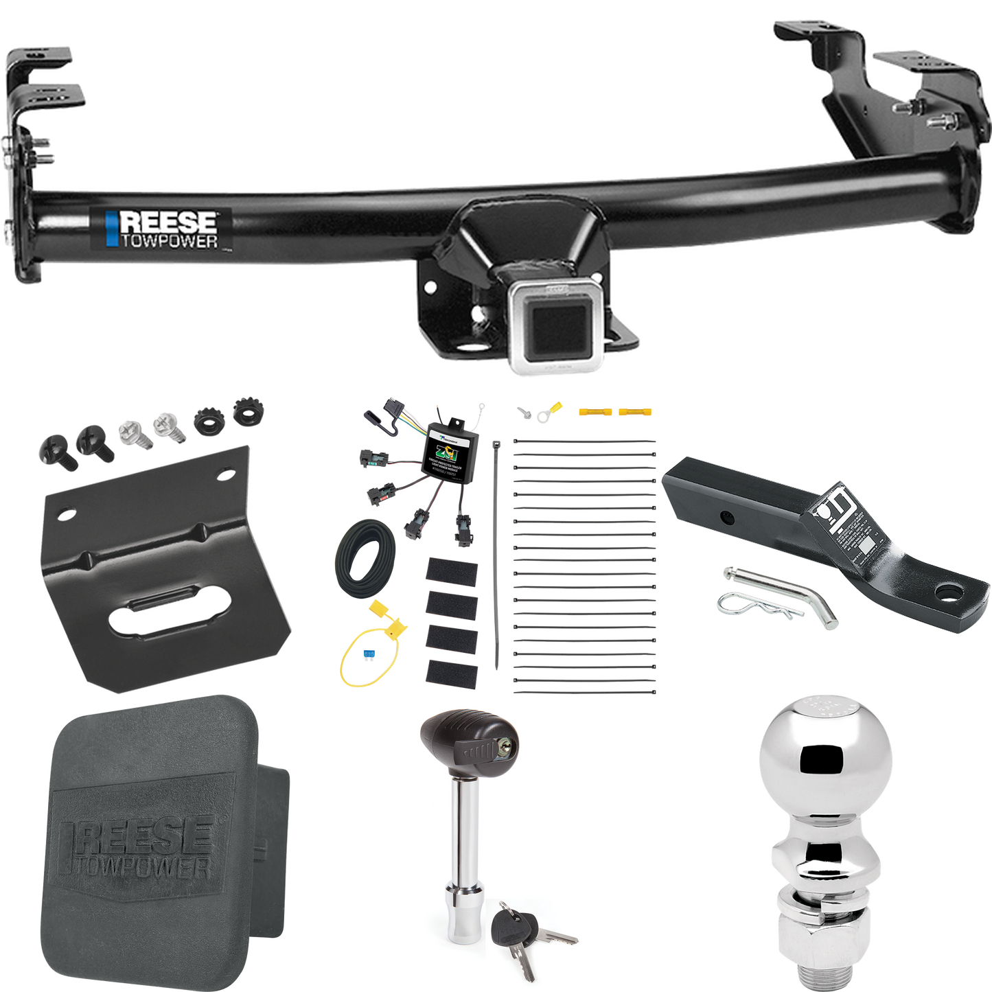 Fits 2003-2006 Toyota Tundra Trailer Hitch Tow PKG w/ 4-Flat Zero Contact "No Splice" Wiring + Ball Mount w/ 2" Drop + 2-5/16" Ball + Wiring Bracket + Hitch Lock + Hitch Cover By Reese Towpower