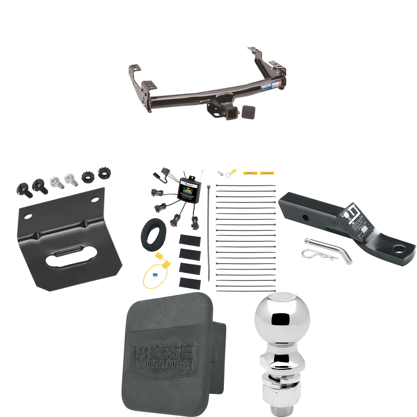 Se adapta al paquete de enganche de remolque Toyota Tundra 2003-2006 con cableado "sin empalme" de 4 contactos planos cero + soporte de bola con caída de 2" + bola de 2-5/16" + soporte de cableado + cubierta de enganche de Reese Towpower