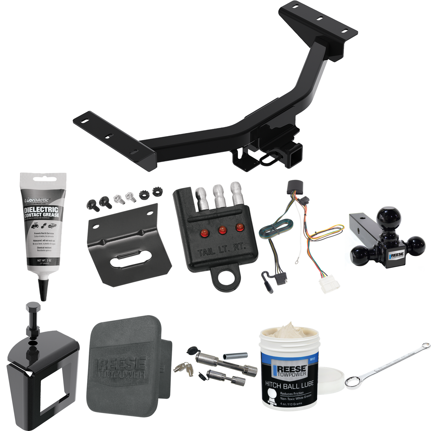 Fits 2019-2023 Honda Passport Trailer Hitch Tow PKG w/ 4-Flat Wiring + Triple Ball Ball Mount 1-7/8" & 2" & 2-5/16" Trailer Balls + Wiring Bracket + Hitch Cover + Dual Hitch & Coupler Locks + Wiring Tester + Ball Lube + Electric Grease + Ball Wrench