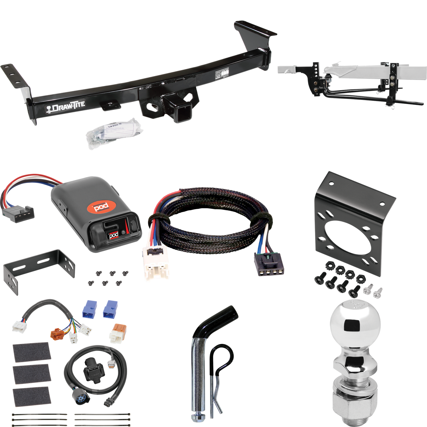 Fits 2005-2023 Nissan Frontier Trailer Hitch Tow PKG w/ 8K Round Bar Weight Distribution Hitch w/ 2-5/16" Ball + 2" Ball + Pin/Clip + Pro Series POD Brake Control + Plug & Play BC Adapter + 7-Way RV Wiring By Draw-Tite