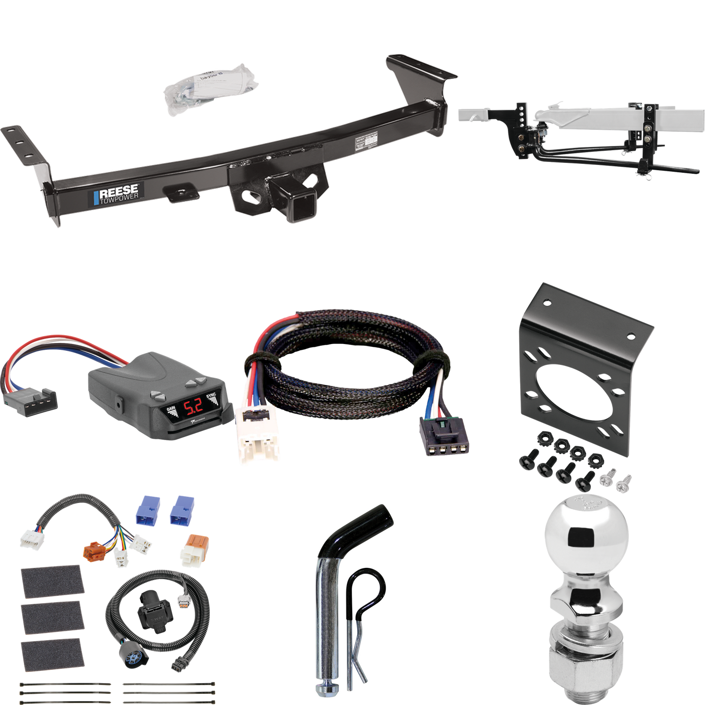 Fits 2005-2023 Nissan Frontier Trailer Hitch Tow PKG w/ 8K Round Bar Weight Distribution Hitch w/ 2-5/16" Ball + 2" Ball + Pin/Clip + Tekonsha Brakeman IV Brake Control + Plug & Play BC Adapter + 7-Way RV Wiring By Reese Towpower