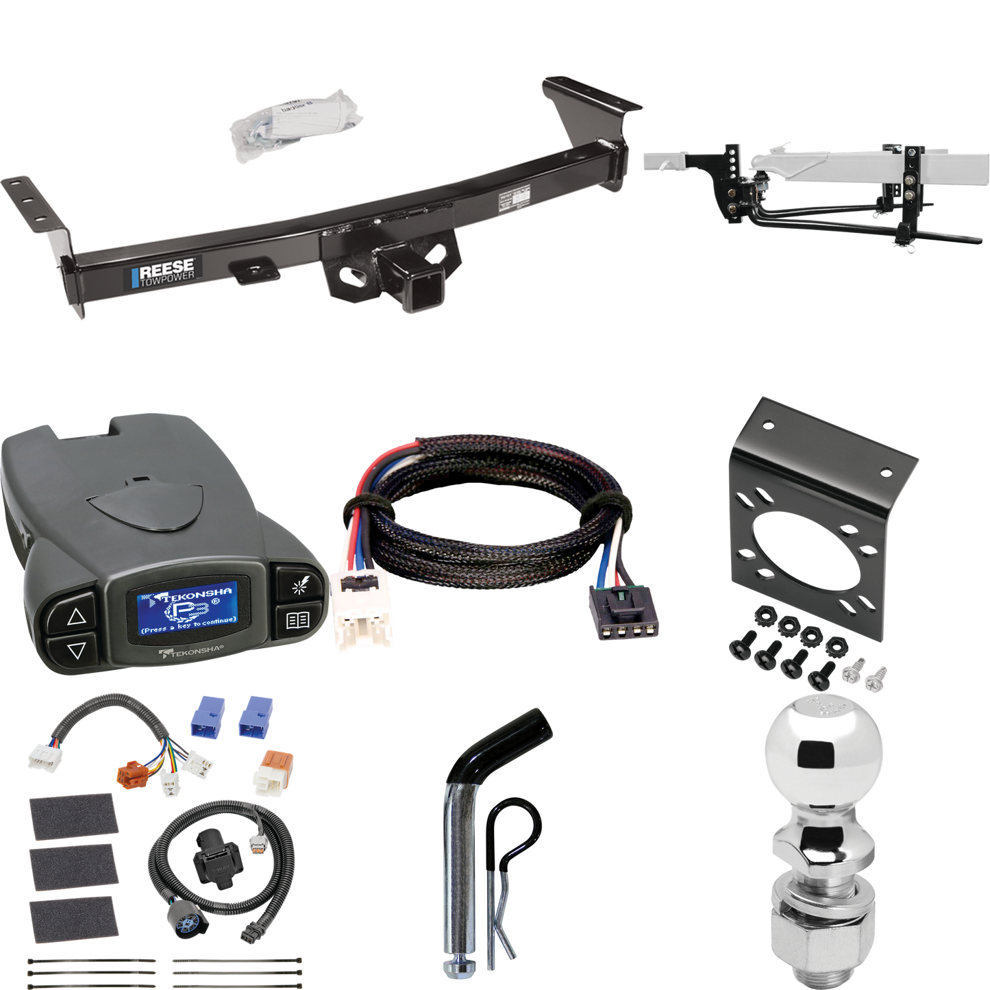 Fits 2005-2023 Nissan Frontier Trailer Hitch Tow PKG w/ 8K Round Bar Weight Distribution Hitch w/ 2-5/16" Ball + 2" Ball + Pin/Clip + Tekonsha Prodigy P3 Brake Control + Plug & Play BC Adapter + 7-Way RV Wiring By Reese Towpower