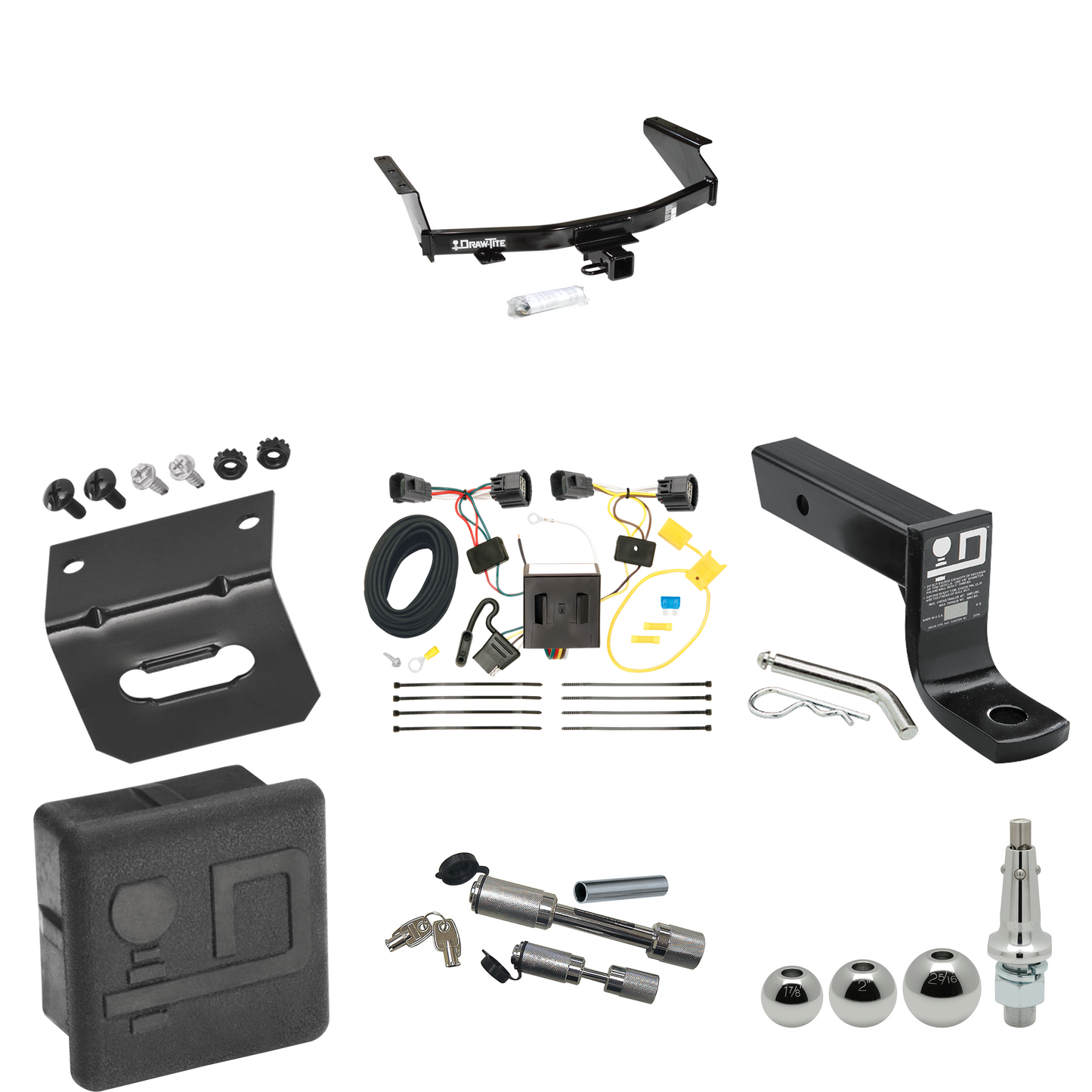 Fits 2007-2011 Dodge Nitro Trailer Hitch Tow PKG w/ 4-Flat Wiring + Ball Mount w/ 4" Drop + Interchangeable Ball 1-7/8" & 2" & 2-5/16" + Wiring Bracket + Dual Hitch & Coupler Locks + Hitch Cover By Draw-Tite