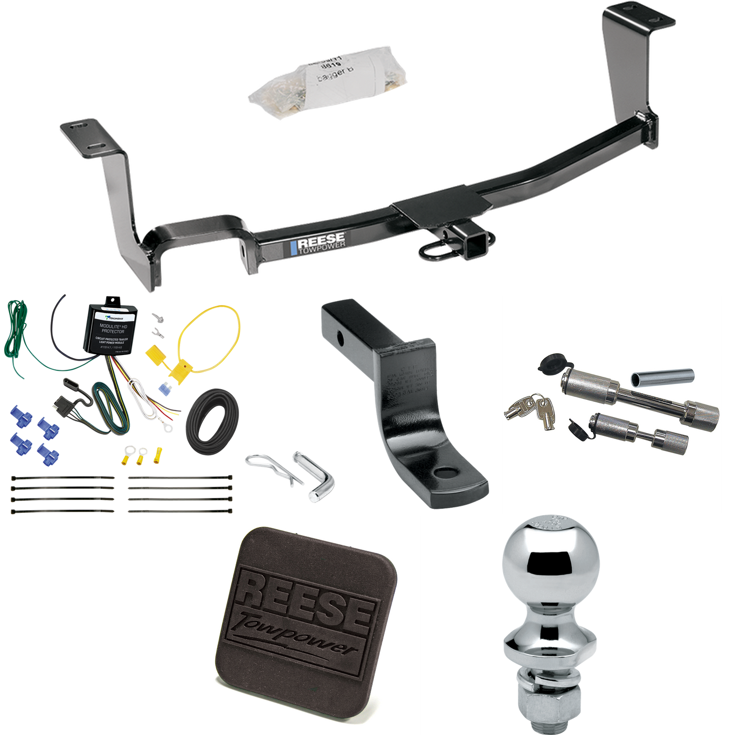 Fits 2011-2017 Nissan JUKE Trailer Hitch Tow PKG w/ 4-Flat Wiring Harness + Draw-Bar + 1-7/8" Ball + Hitch Cover + Dual Hitch & Coupler Locks (For AWD, Except Nismo & Nismo RS Models) By Reese Towpower