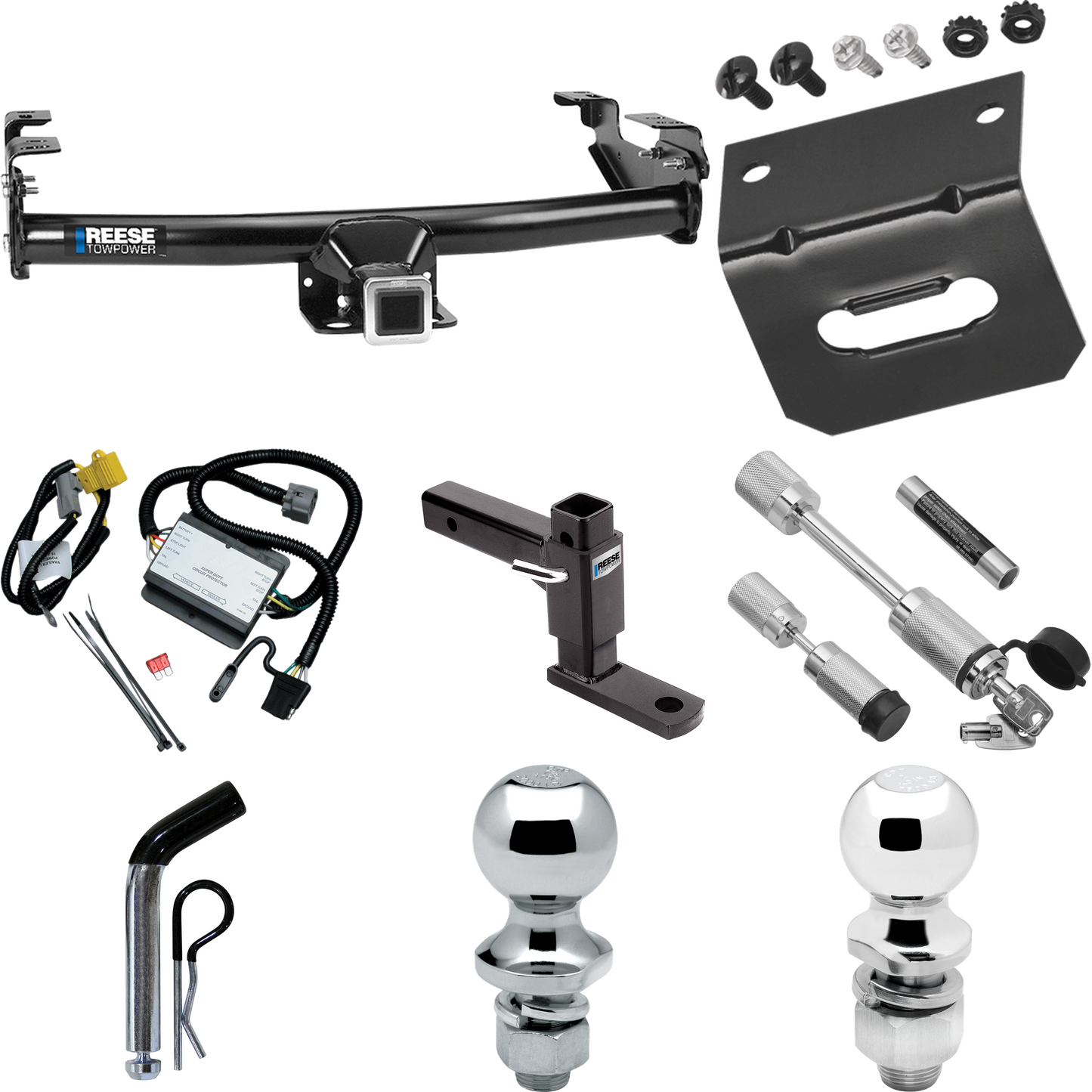 Fits 2000-2000 Toyota Tundra Trailer Hitch Tow PKG w/ 4-Flat Wiring Harness + Adjustable Drop Rise Ball Mount + Pin/Clip + 2" Ball + 1-7/8" Ball + Dual Hitch & Coupler Locks By Reese Towpower