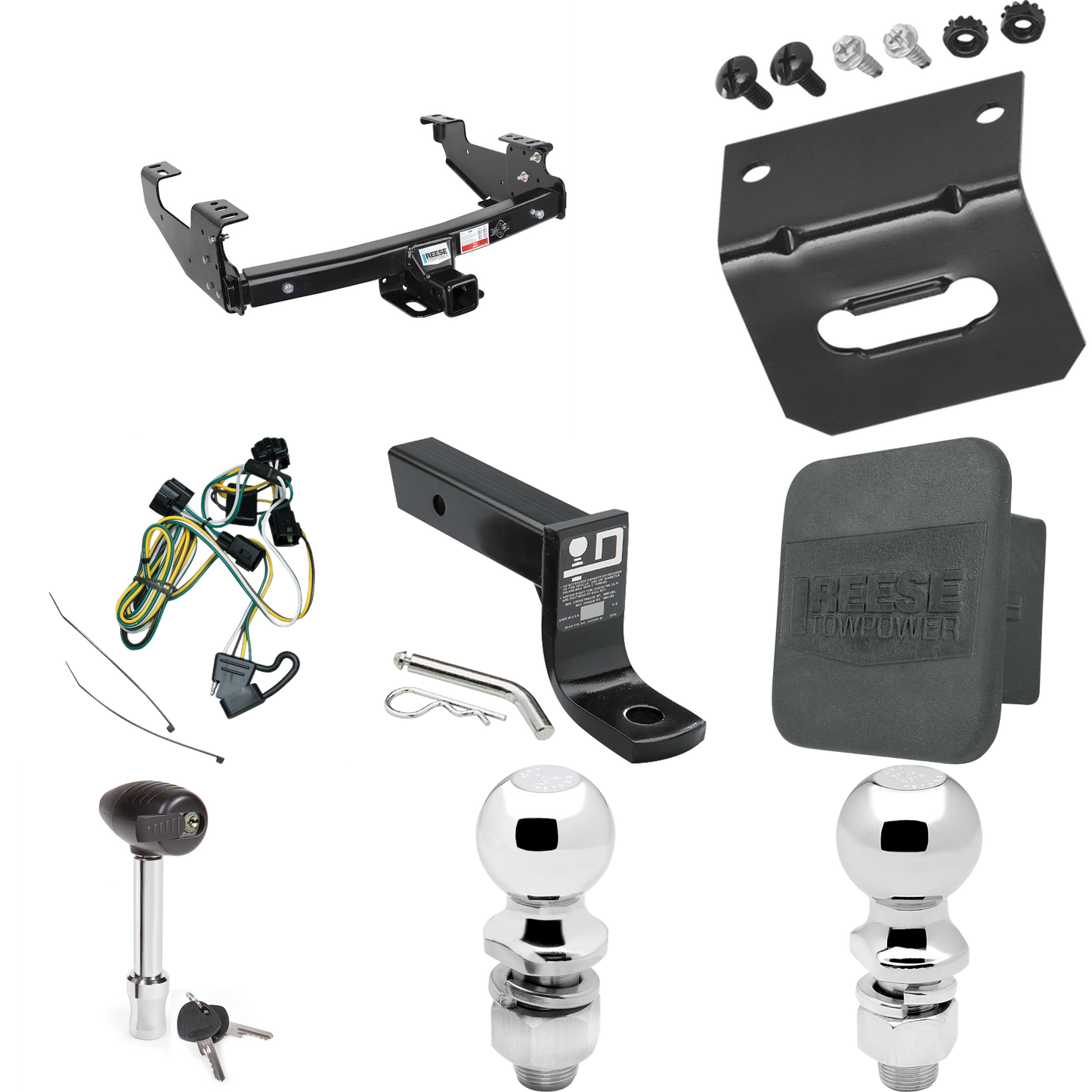 Fits 2002-2002 Dodge Ram Trailer Hitch Tow PKG w/ 4-Flat Wiring + Ball Mount w/ 4" Drop + 2" Ball + 2-5/16" Ball + Wiring Bracket + Hitch Lock + Hitch Cover (For 2500/3500 Models) By Reese Towpower