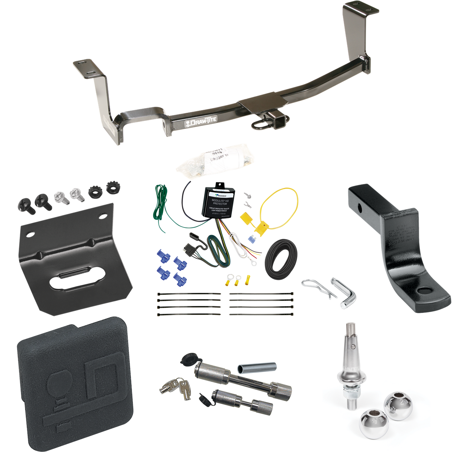 Fits 2011-2017 Nissan JUKE Trailer Hitch Tow PKG w/ 4-Flat Wiring Harness + Draw-Bar + Interchangeable 1-7/8" & 2" Balls + Wiring Bracket + Hitch Cover + Dual Hitch & Coupler Locks (For AWD, Except Nismo & Nismo RS Models) By Draw-Tite