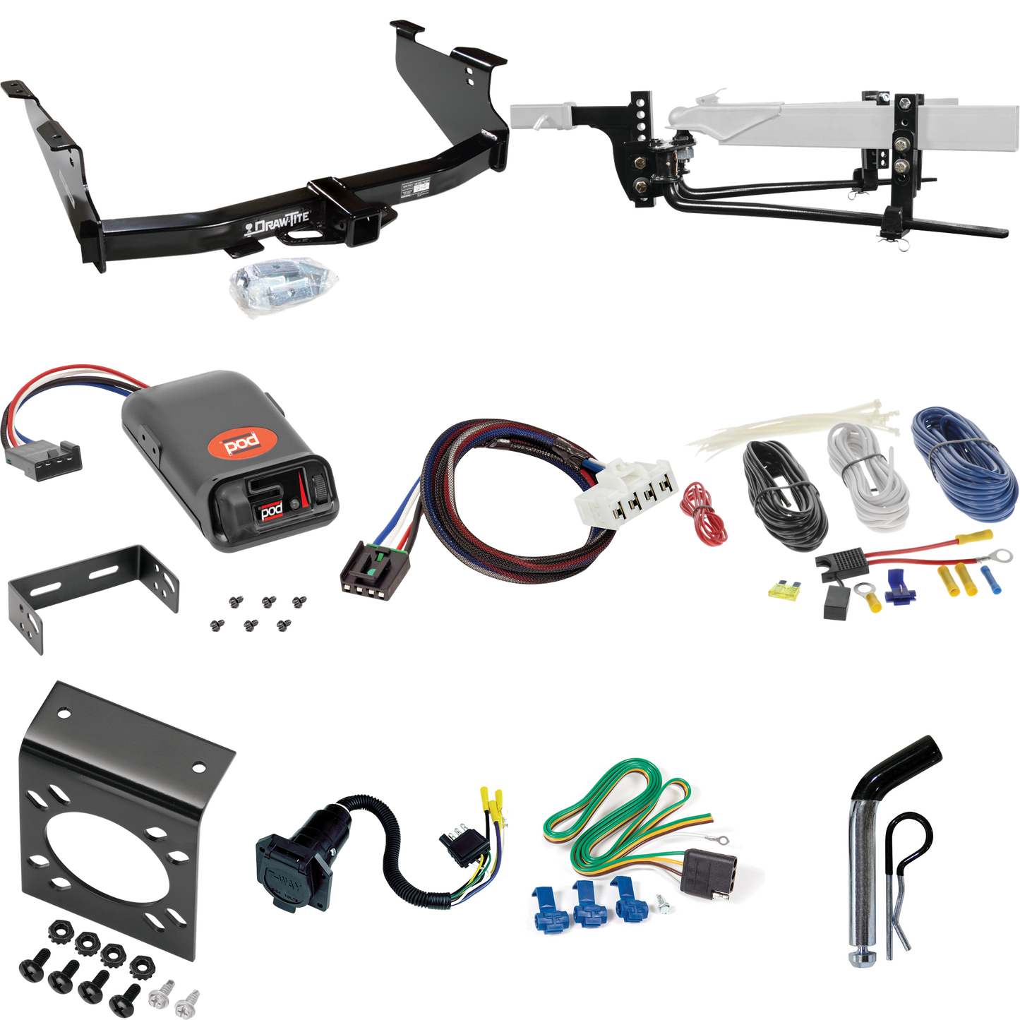 Fits 2006-2008 Dodge Ram 1500 Trailer Hitch Tow PKG w/ 11.5K Round Bar Weight Distribution Hitch w/ 2-5/16" Ball + Pin/Clip + Pro Series POD Brake Control + Plug & Play BC Adapter + 7-Way RV Wiring By Draw-Tite