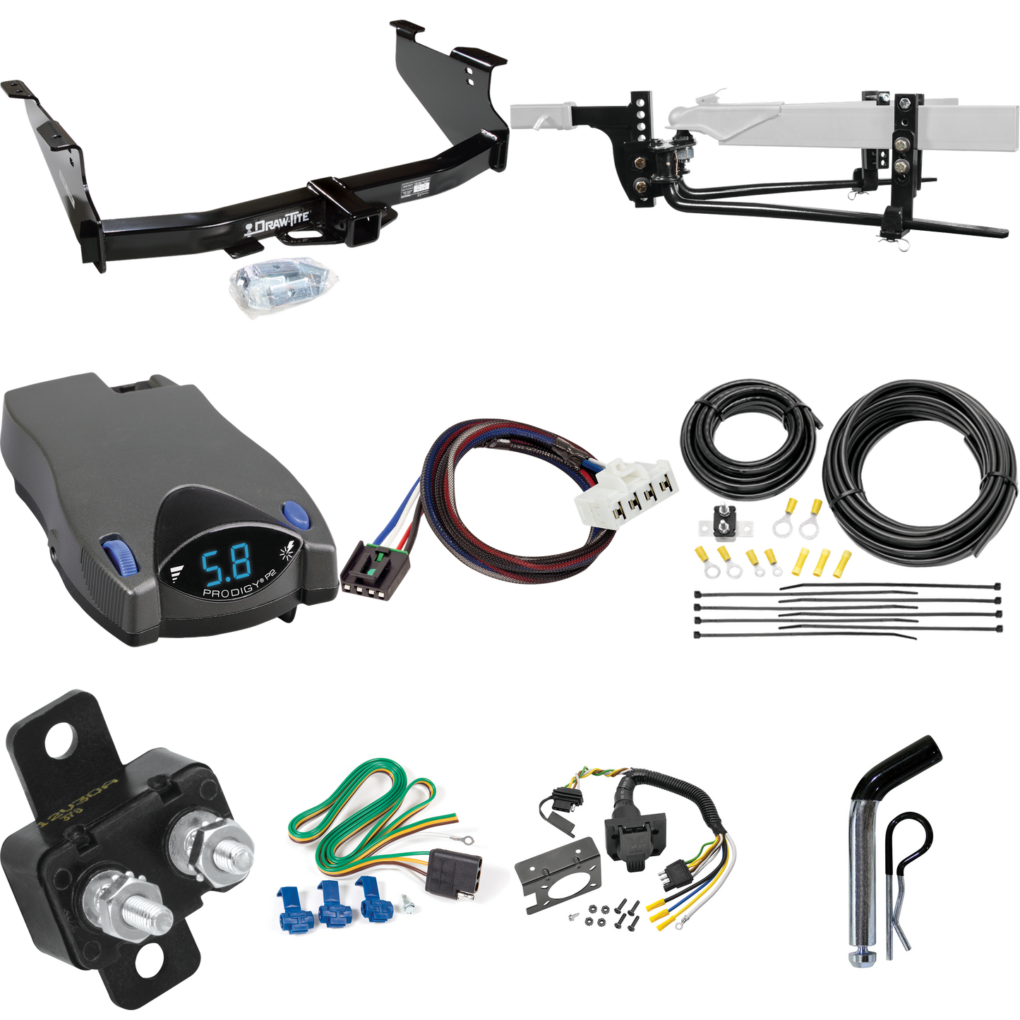 Fits 2006-2008 Dodge Ram 1500 Trailer Hitch Tow PKG w/ 11.5K Round Bar Weight Distribution Hitch w/ 2-5/16" Ball + Pin/Clip + Tekonsha Prodigy P2 Brake Control + Plug & Play BC Adapter + 7-Way RV Wiring By Draw-Tite