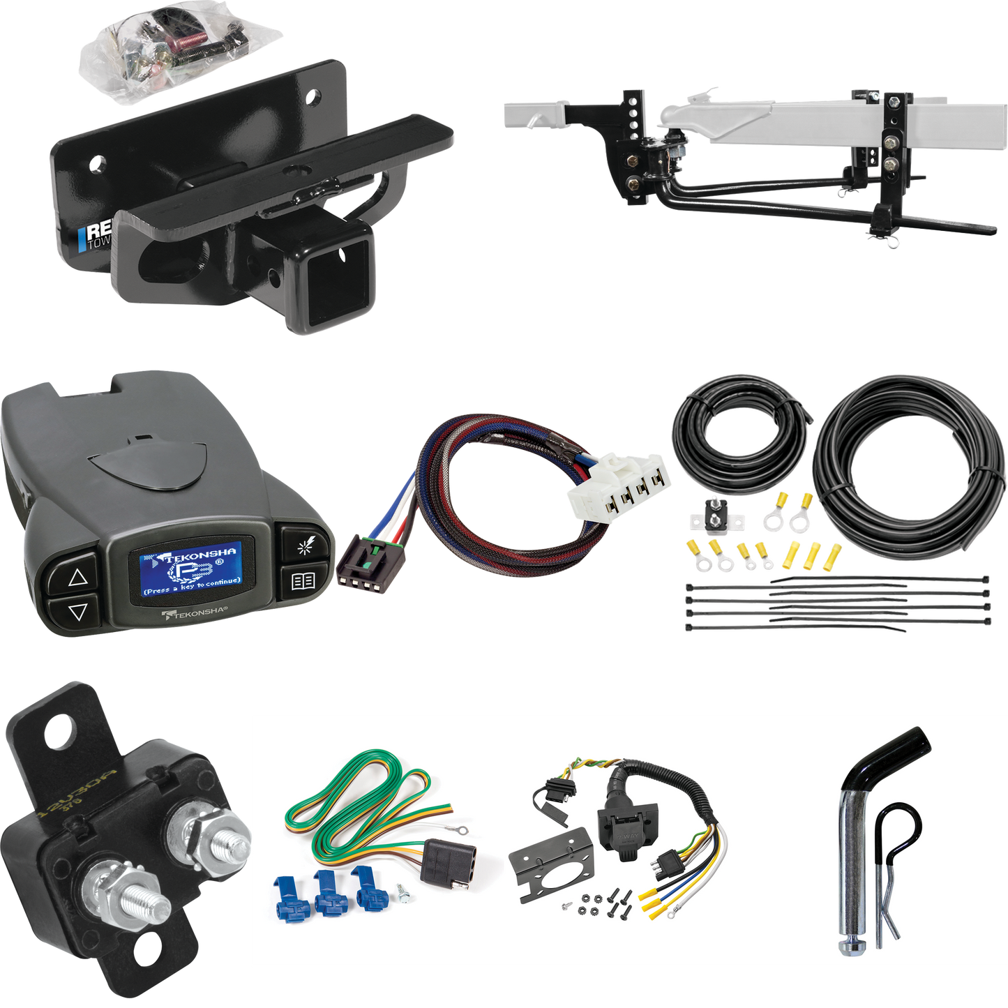 Fits 2003-2009 Dodge Ram 3500 Trailer Hitch Tow PKG w/ 11.5K Round Bar Weight Distribution Hitch w/ 2-5/16" Ball + Pin/Clip + Tekonsha Prodigy P3 Brake Control + Plug & Play BC Adapter + 7-Way RV Wiring By Reese Towpower