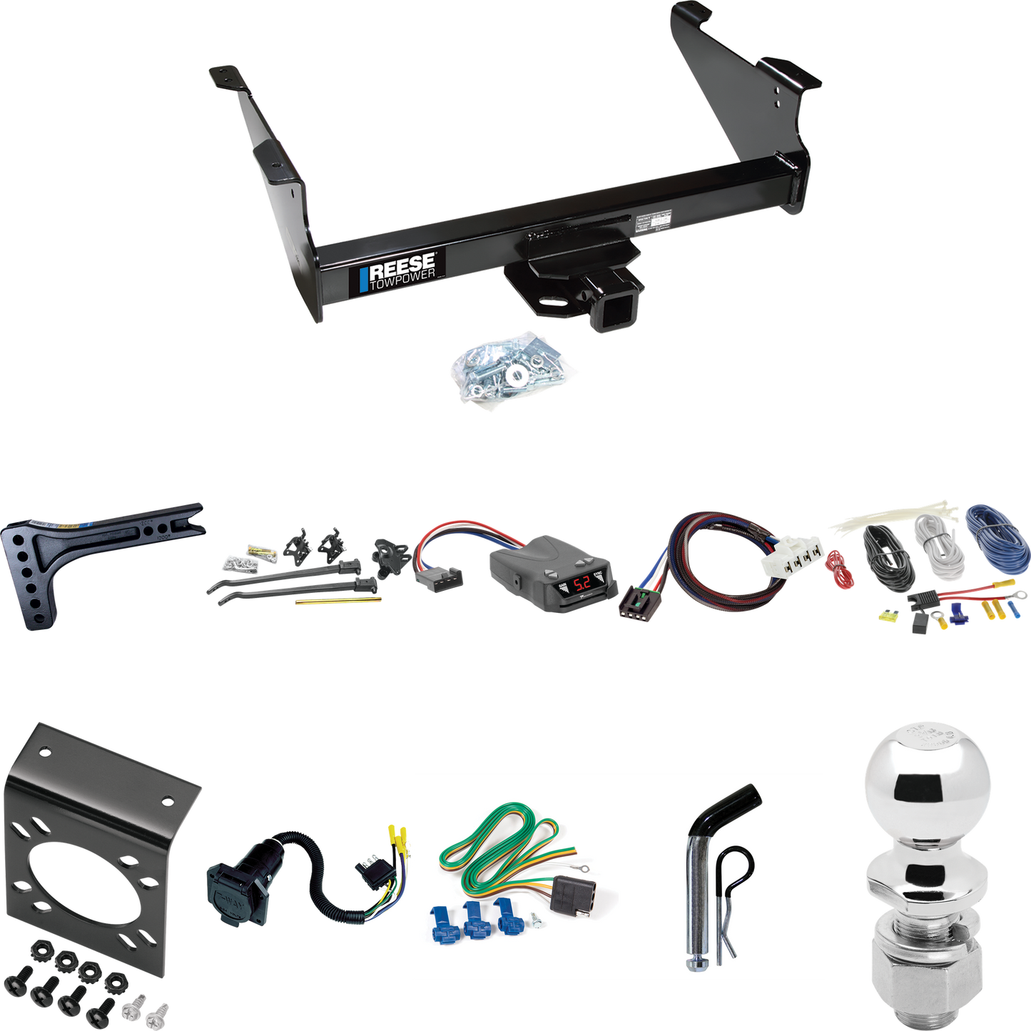 Fits 2003-2009 Dodge Ram 2500 Trailer Hitch Tow PKG w/ 15K Trunnion Bar Weight Distribution Hitch + Pin/Clip + 2-5/16" Ball + Tekonsha Brakeman IV Brake Control + Plug & Play BC Adapter + 7-Way RV Wiring By Reese Towpower