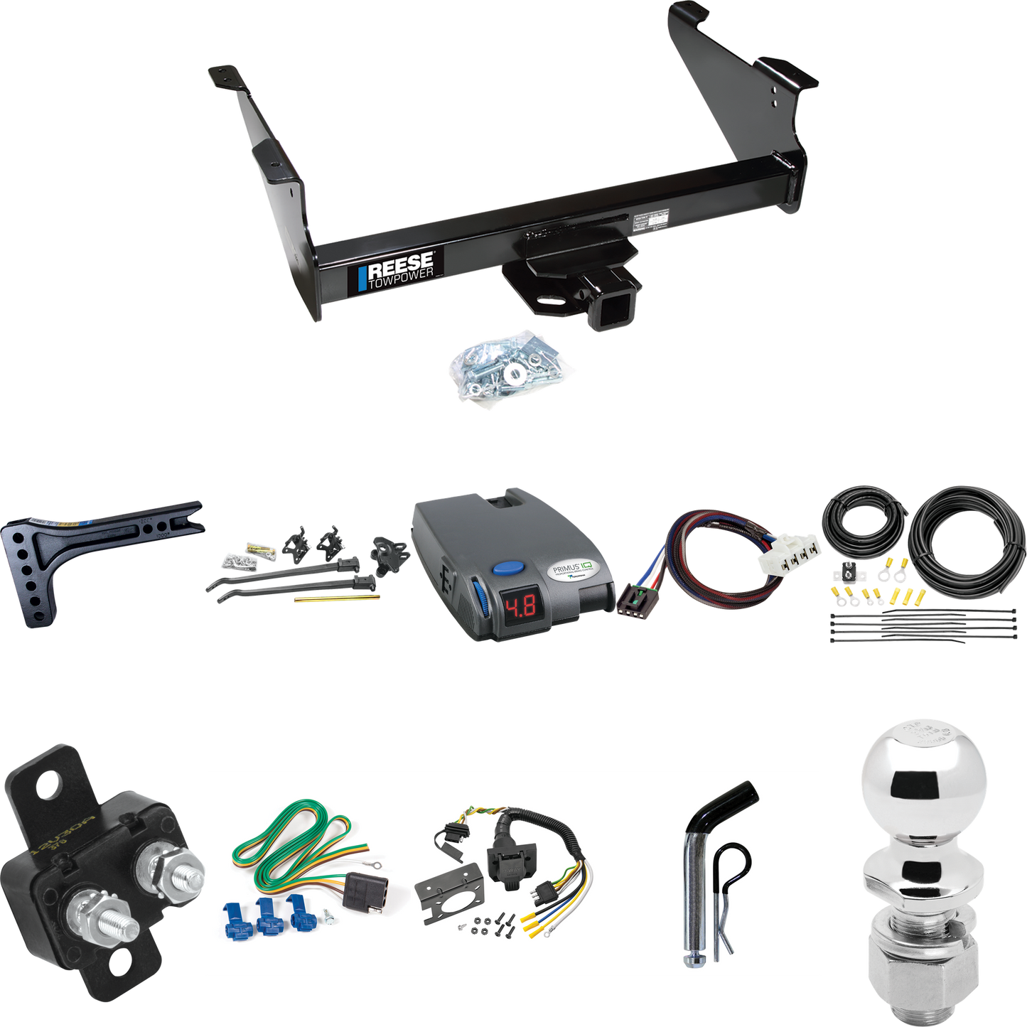 Fits 2003-2009 Dodge Ram 3500 Trailer Hitch Tow PKG w/ 15K Trunnion Bar Weight Distribution Hitch + Pin/Clip + 2-5/16" Ball + Tekonsha Primus IQ Brake Control + Plug & Play BC Adapter + 7-Way RV Wiring By Reese Towpower