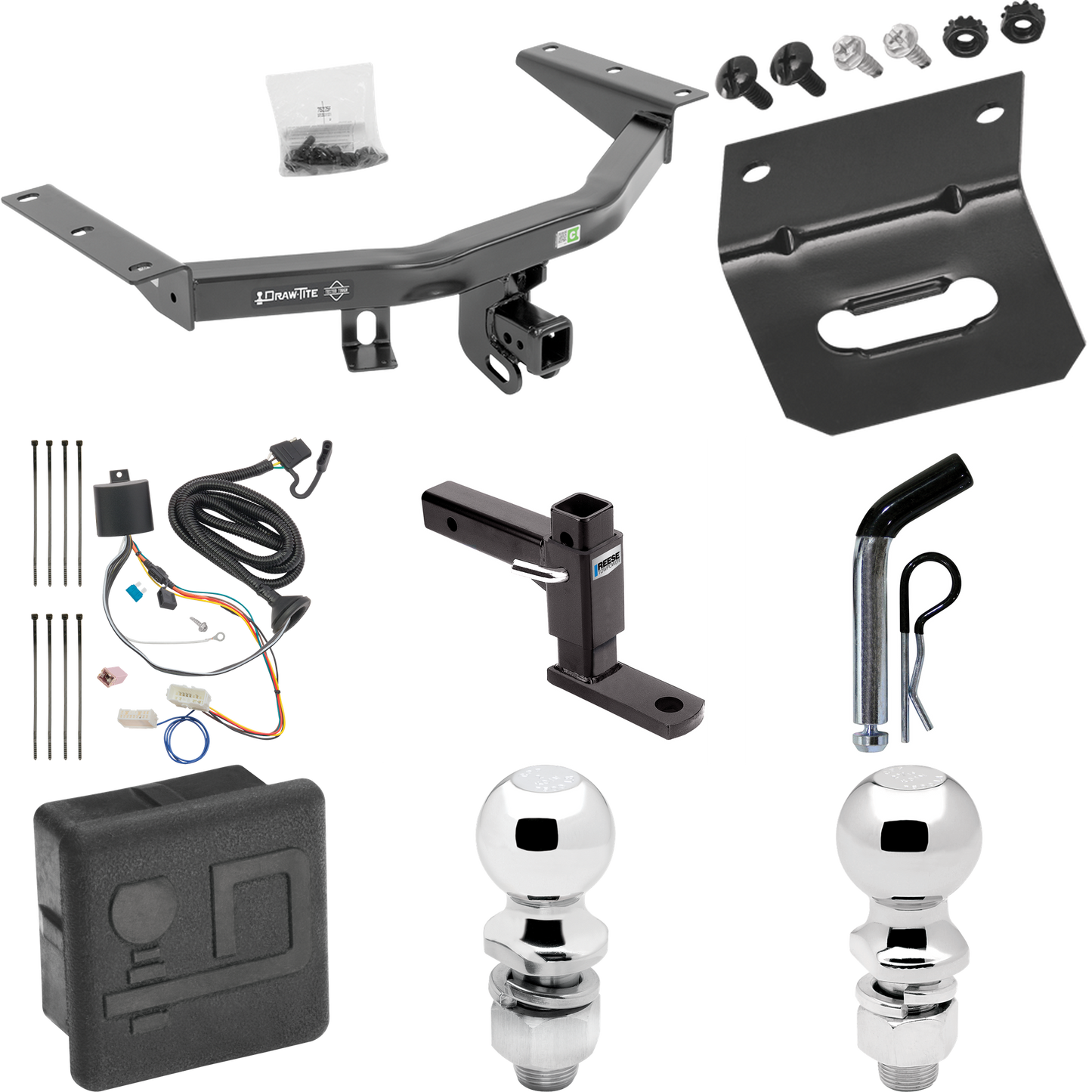 Fits 2016-2022 Honda Pilot Trailer Hitch Tow PKG w/ 4-Flat Wiring + Adjustable Drop Rise Ball Mount + Pin/Clip + 2" Ball + 2-5/16" Ball + Wiring Bracket + Hitch Cover By Draw-Tite