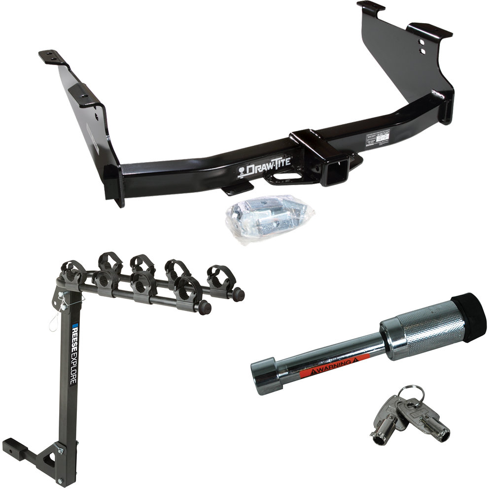 Fits 2004-2005 Dodge Ram 1500 Trailer Hitch Tow PKG w/ 4 Bike Carrier Rack + Hitch Lock (Excludes: Daytona/Hemi Sport Quad Cab/Ram Rumble Bee/SRT-10 Models) By Draw-Tite