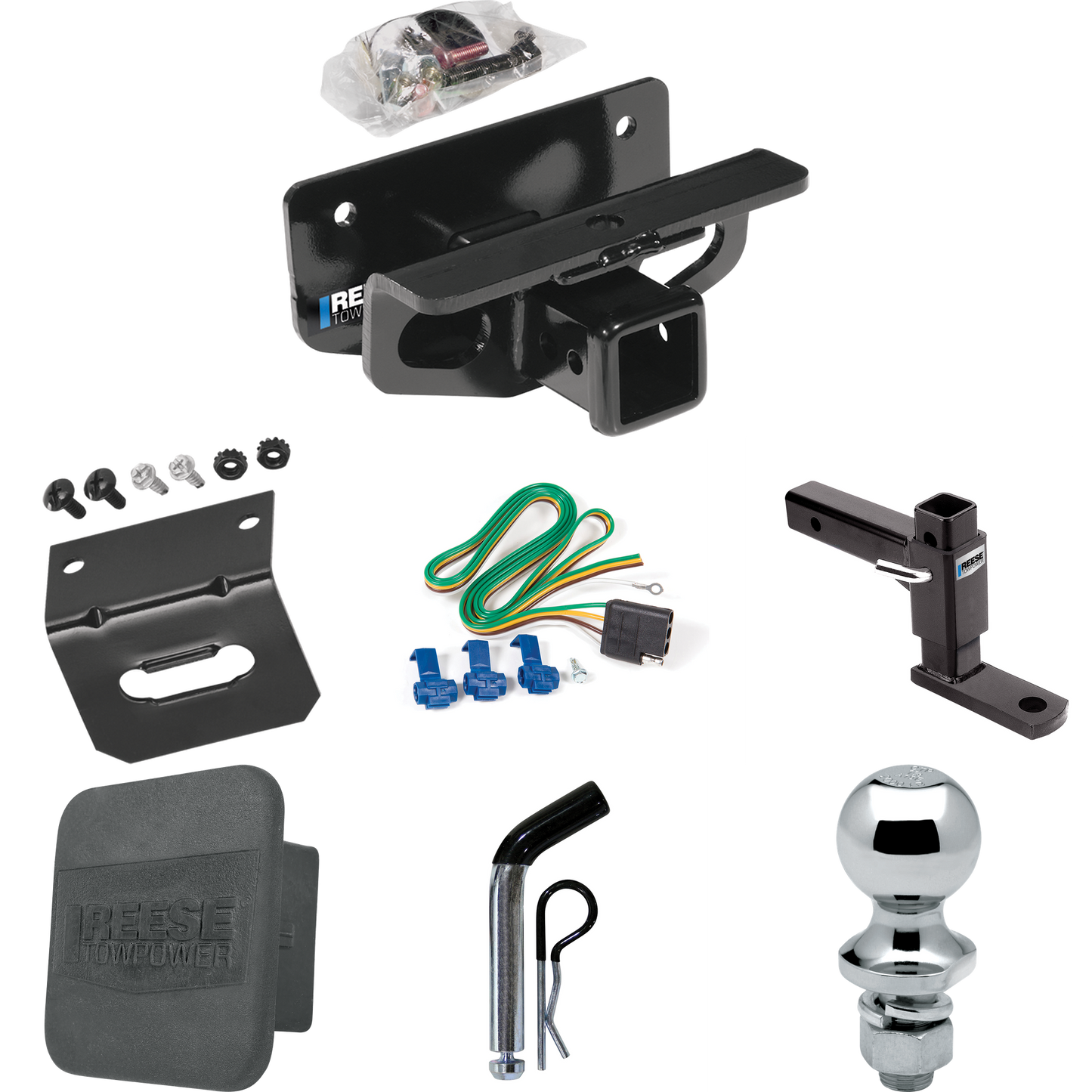 Fits 2019-2023 RAM 1500 Classic Trailer Hitch Tow PKG w/ 4-Flat Wiring + Adjustable Drop Rise Ball Mount + Pin/Clip + 1-7/8" Ball + Wiring Bracket + Hitch Cover By Reese Towpower