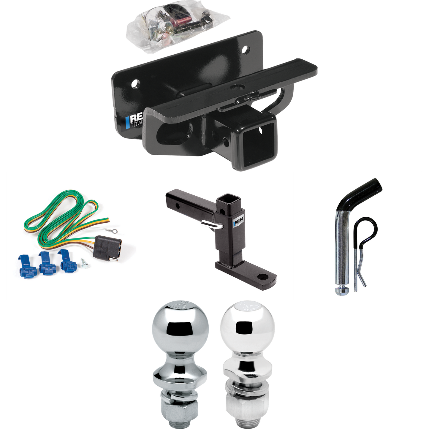 Fits 2003-2003 Dodge Ram 1500 Trailer Hitch Tow PKG w/ 4-Flat Wiring + Adjustable Drop Rise Ball Mount + Pin/Clip + 2" Ball + 1-7/8" Ball (For (Built After 11/2002) Models) By Reese Towpower