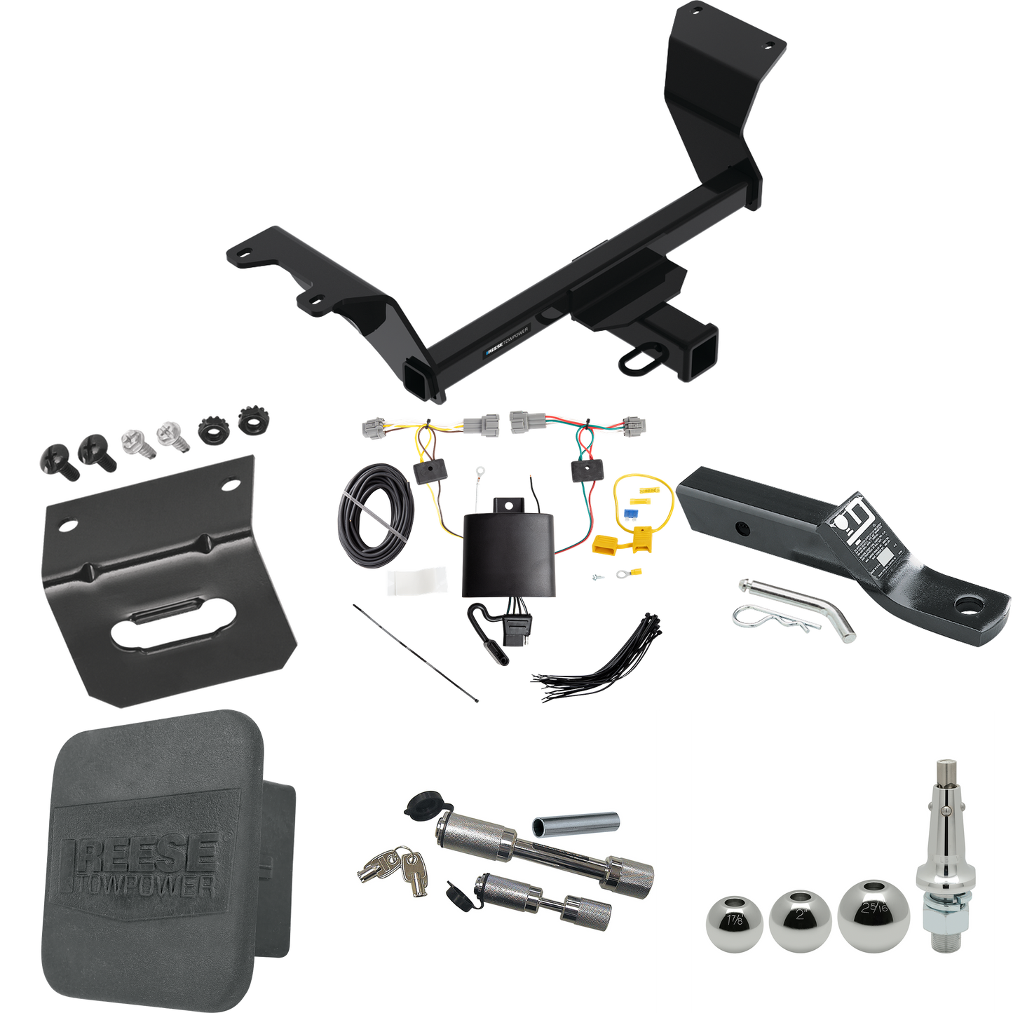 Fits 2018-2023 Nissan Kicks Trailer Hitch Tow PKG w/ 4-Flat Wiring + Ball Mount w/ 2" Drop + Interchangeable Ball 1-7/8" & 2" & 2-5/16" + Wiring Bracket + Dual Hitch & Coupler Locks + Hitch Cover By Reese Towpower