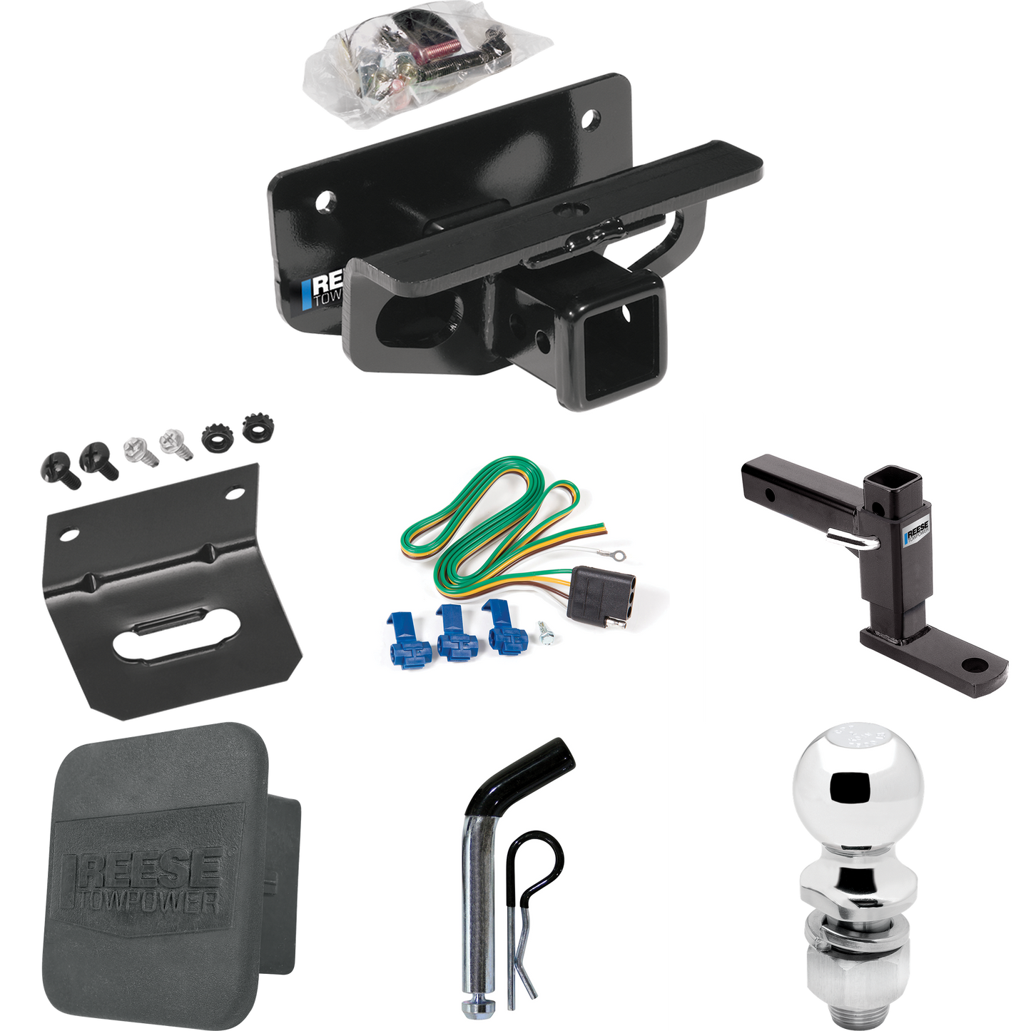 Fits 2019-2023 RAM 1500 Classic Trailer Hitch Tow PKG w/ 4-Flat Wiring + Adjustable Drop Rise Ball Mount + Pin/Clip + 2" Ball + Wiring Bracket + Hitch Cover By Reese Towpower