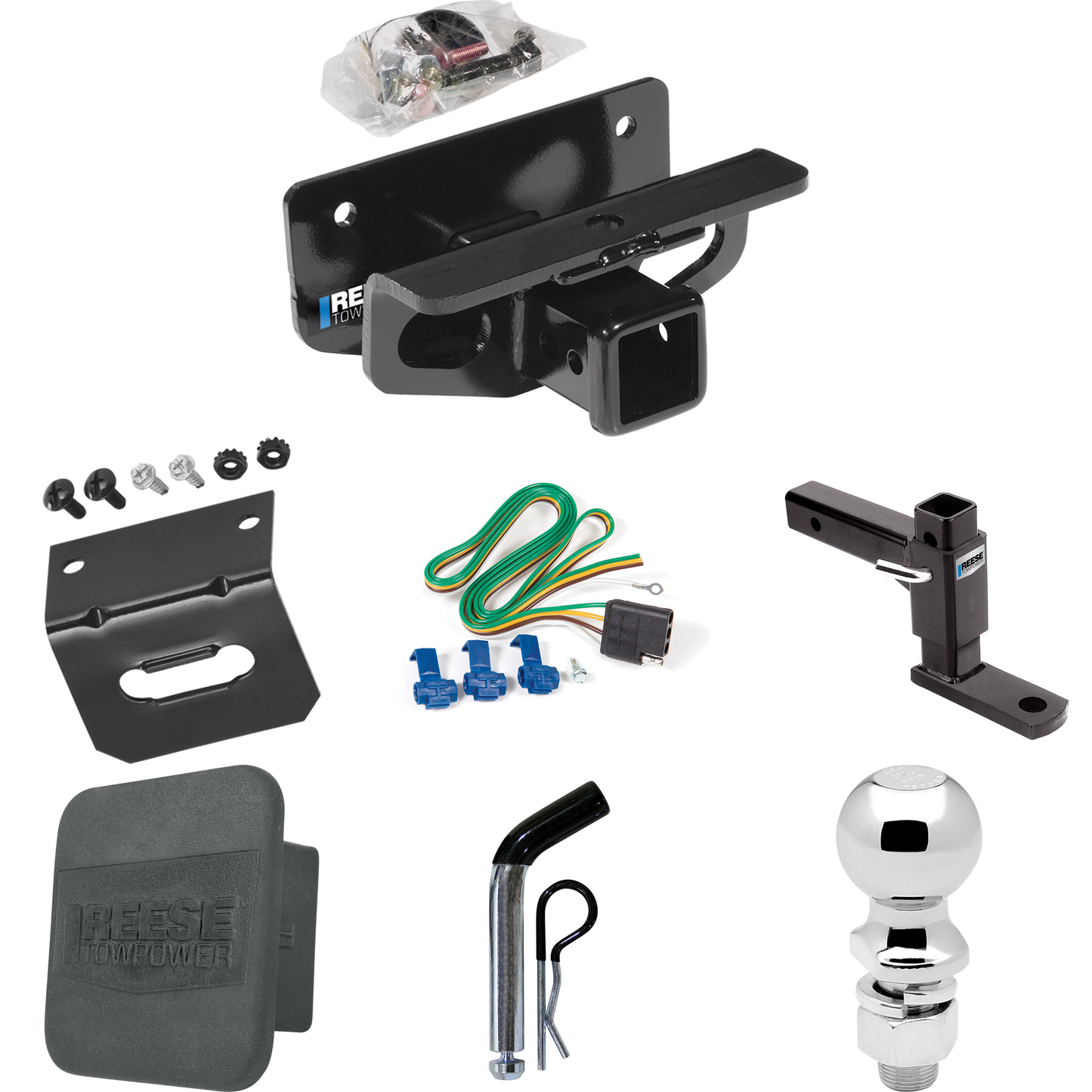 Fits 2003-2009 Dodge Ram 3500 Trailer Hitch Tow PKG w/ 4-Flat Wiring + Adjustable Drop Rise Ball Mount + Pin/Clip + 2-5/16" Ball + Wiring Bracket + Hitch Cover By Reese Towpower