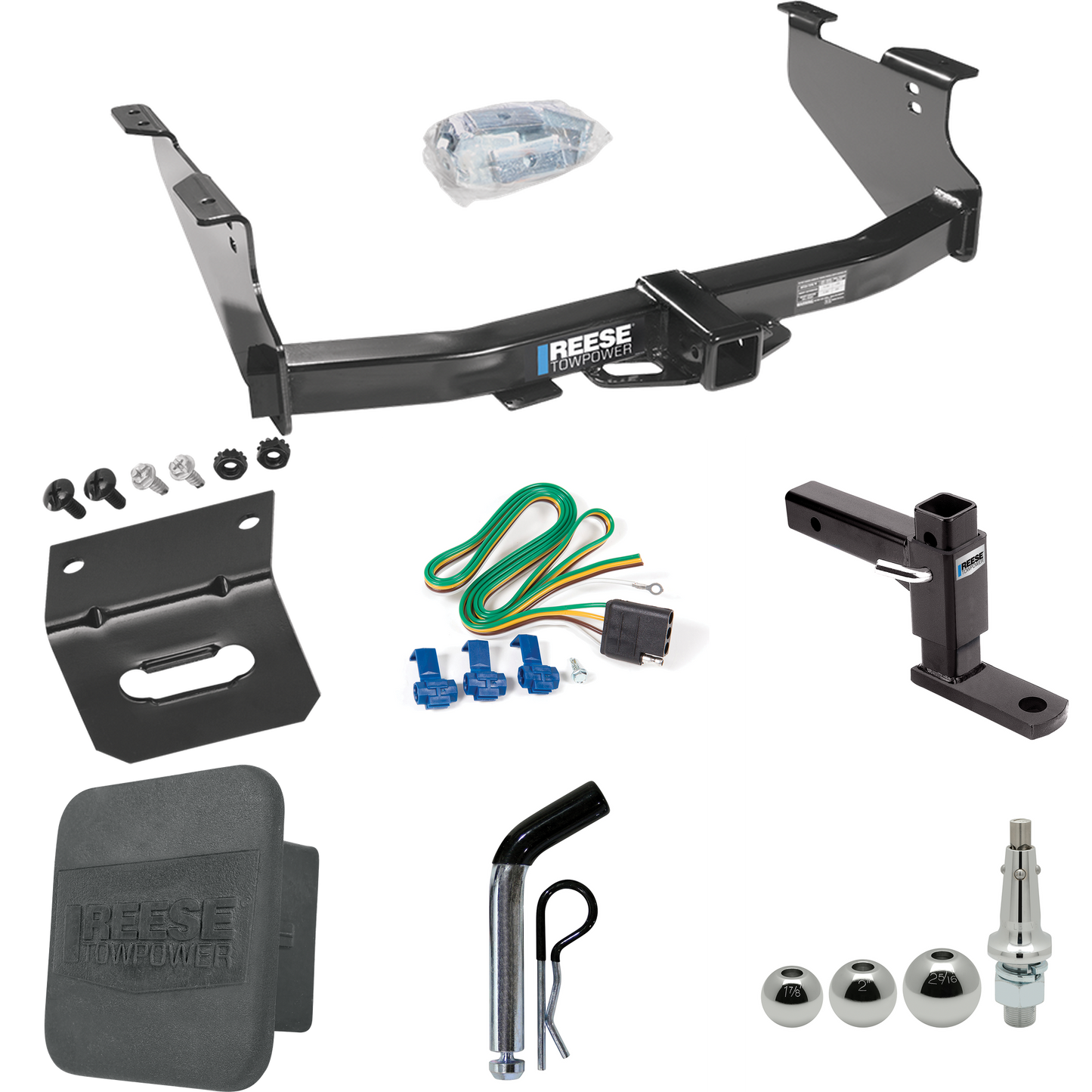 Fits 2003-2009 Dodge Ram 3500 Trailer Hitch Tow PKG w/ 4-Flat Wiring + Adjustable Drop Rise Ball Mount + Pin/Clip + Inerchangeable 1-7/8" & 2" & 2-5/16" Balls + Wiring Bracket + Hitch Cover By Reese Towpower