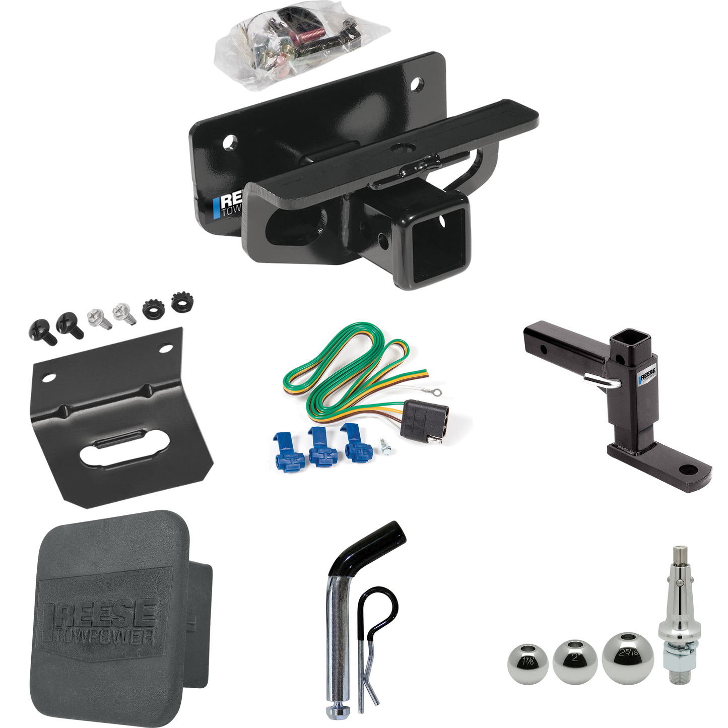 Se adapta al paquete de enganche de remolque Dodge Ram 3500 2003-2009 con 4 cables planos + soporte de bola ajustable + pasador/clip + bolas intercambiables de 1-7/8", 2" y 2-5/16" + soporte de cableado + Cubierta de enganche de Reese Towpower