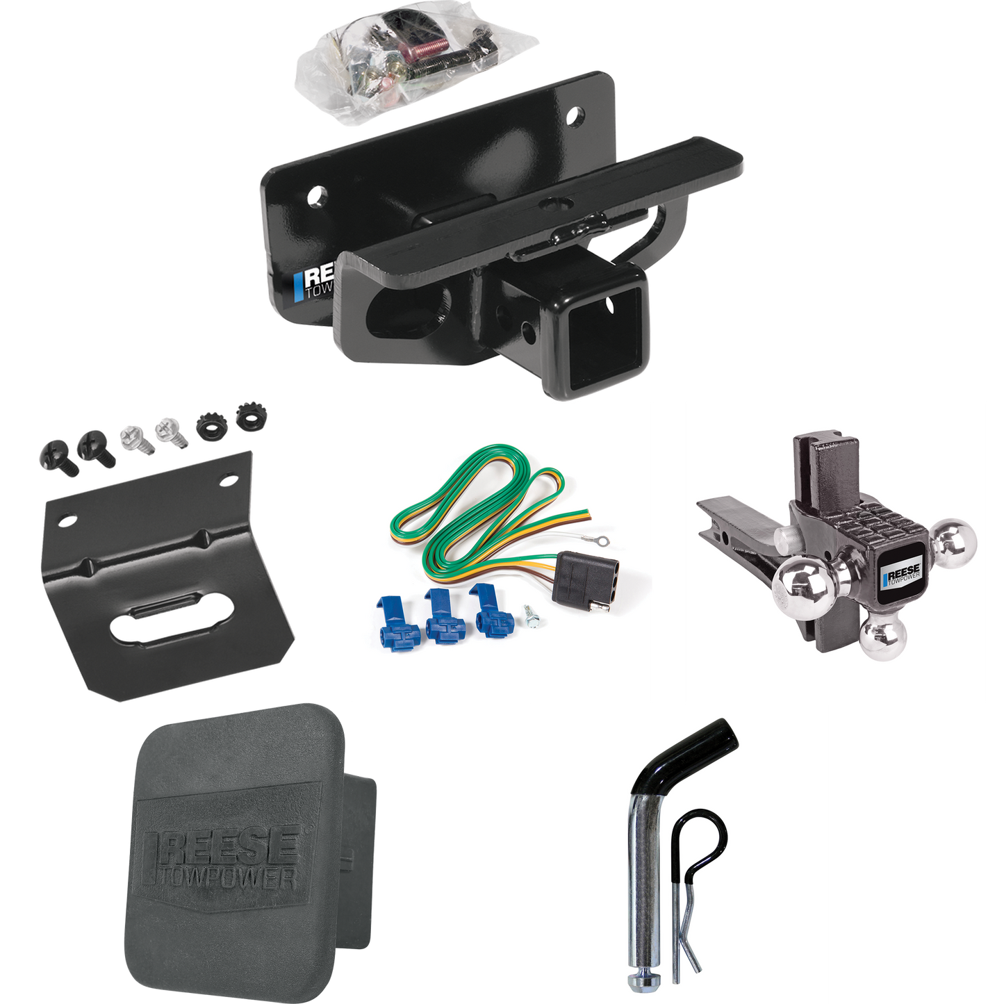 Fits 2019-2023 RAM 1500 Classic Trailer Hitch Tow PKG w/ 4-Flat Wiring + Adjustable Drop Rise Triple Ball Ball Mount 1-7/8" & 2" & 2-5/16" Trailer Balls + Pin/Clip + Wiring Bracket + Hitch Cover By Reese Towpower