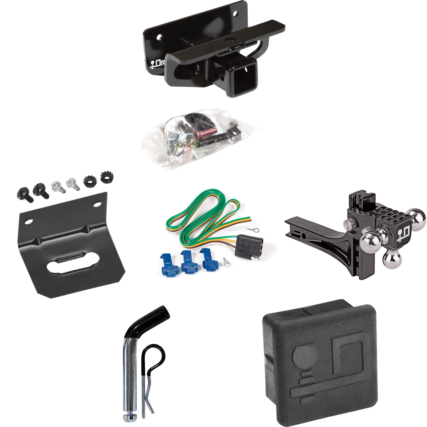 Fits 2003-2009 Dodge Ram 2500 Trailer Hitch Tow PKG w/ 4-Flat Wiring + Adjustable Drop Rise Triple Ball Ball Mount 1-7/8" & 2" & 2-5/16" Trailer Balls + Pin/Clip + Wiring Bracket + Hitch Cover By Draw-Tite